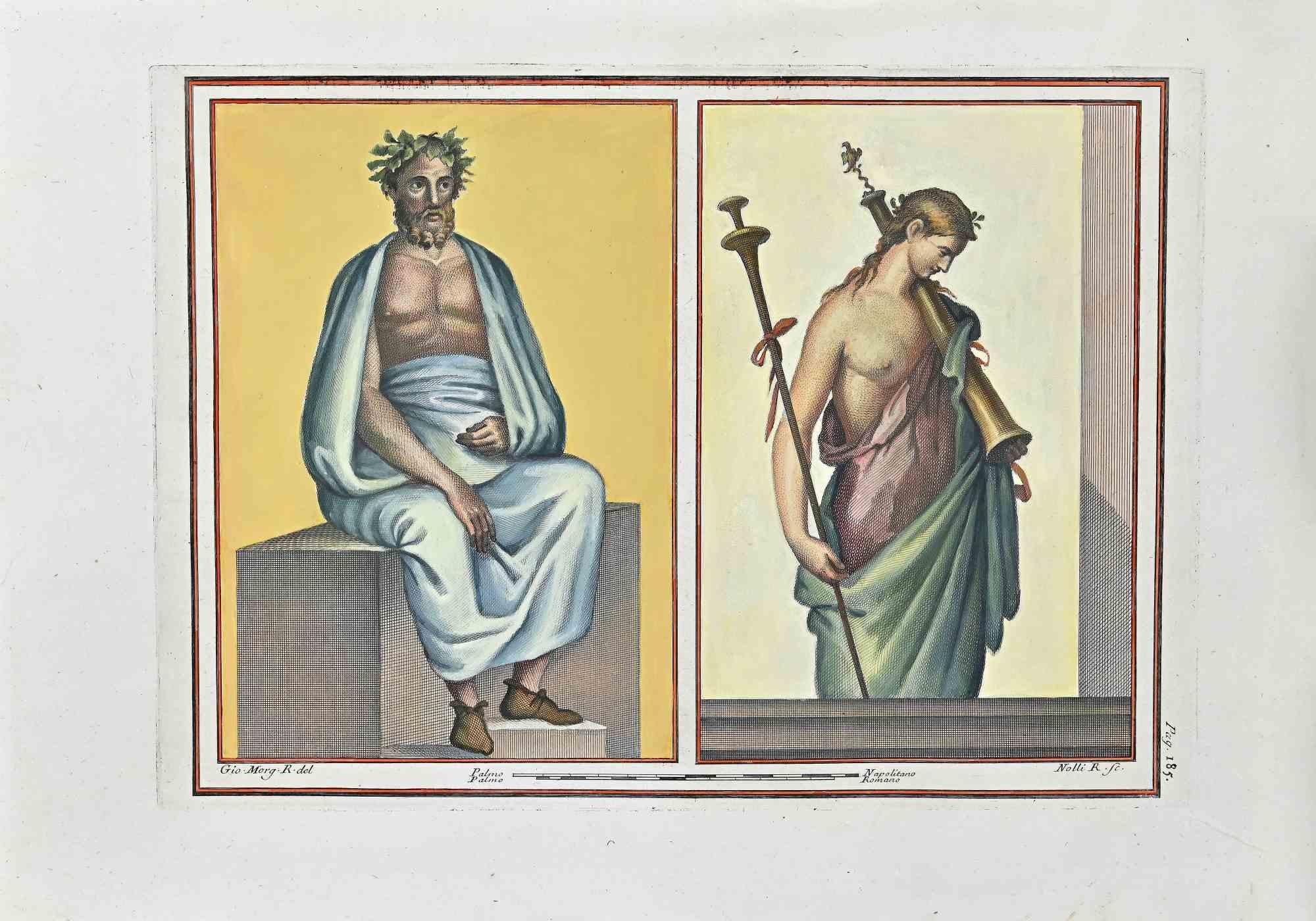 Ancient Roman Frescoes is an etching on paper hand watercolored, realized by Carlo Nolli in the 18th Century.
 
Signed on the plate.
 
Good conditions 
 
The etching belongs to the print suite “Antiquities of Herculaneum Exposed” (original title: