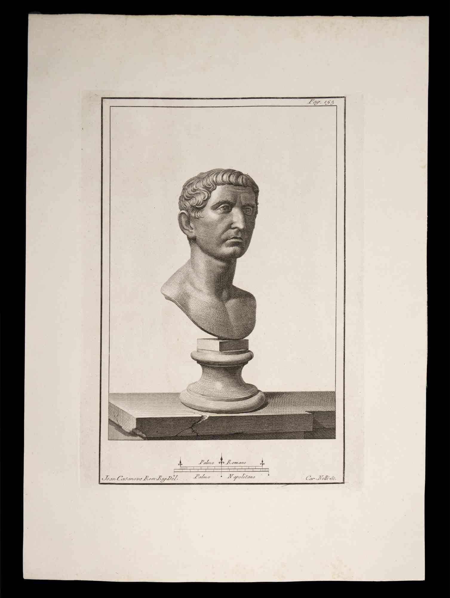 Ancient Roman Bust, from the series "Antiquities of Herculaneum", is an original etching on paper realized by Carlo Nolli in the 18th century.

Signed on the plate, on the lower right.

Good conditions with minor stain.

The etching belongs to the