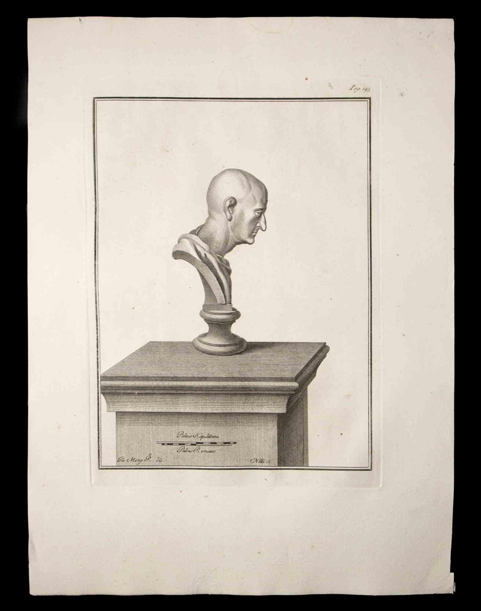 Ancient Roman Bust, from the series "Antiquities of Herculaneum", is an etching on paper realized by Carlo Nolli in the 18th century.

Signed on the plate, on the lower right.

Good conditions with minor stain.

The etching belongs to the print
