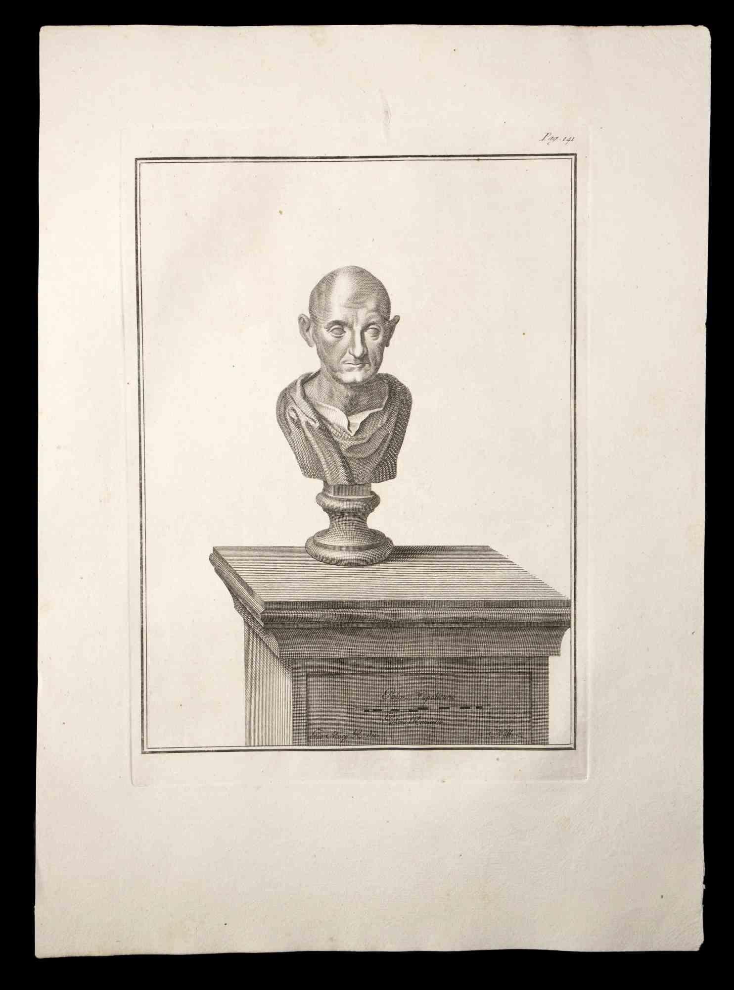 Ancient Roman Bust, from the series "Antiquities of Herculaneum", is an original etching on paper realized by Carlo Nolli in the 18th century.

Signed on the plate, on the lower right.

Good conditions with minor stain.

The etching belongs to the