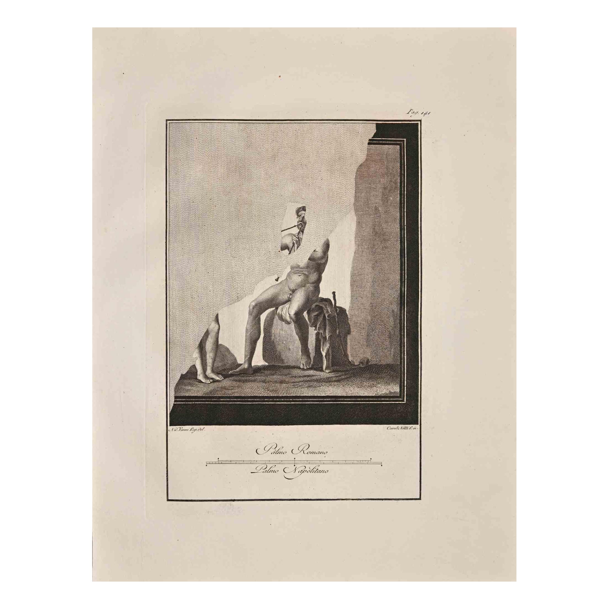 Ancient Roman Fresco Herculaneum - Etching by Carlo Nolli - 18th Century
