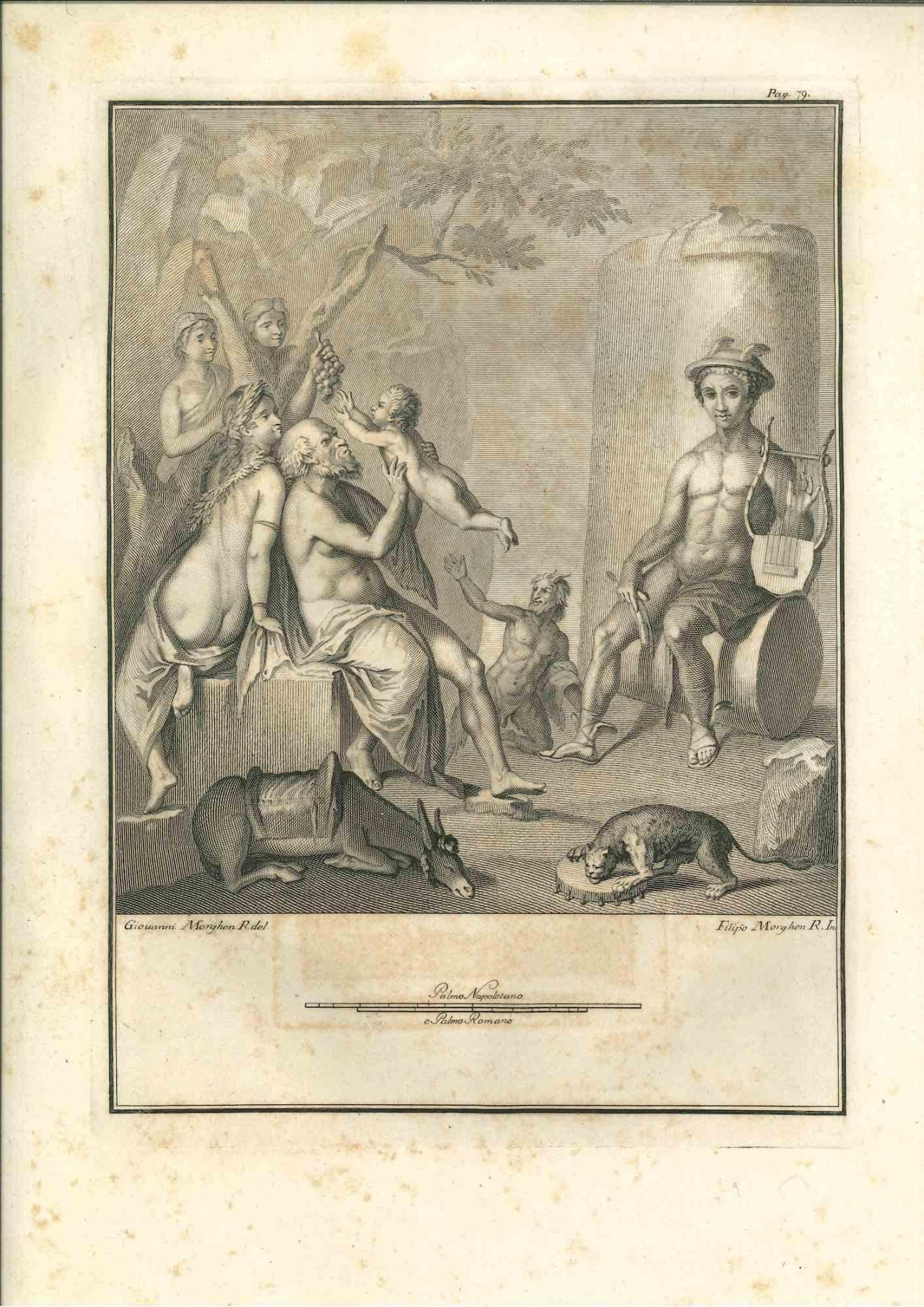 Ancient Roman Fresco from the series "Antiquities of Herculaneum", is an original etching on paper realized by Filippo Morghen in the 18th Century.

Signed on the plate.

Good conditions except for some stains.

The etching belongs to the print