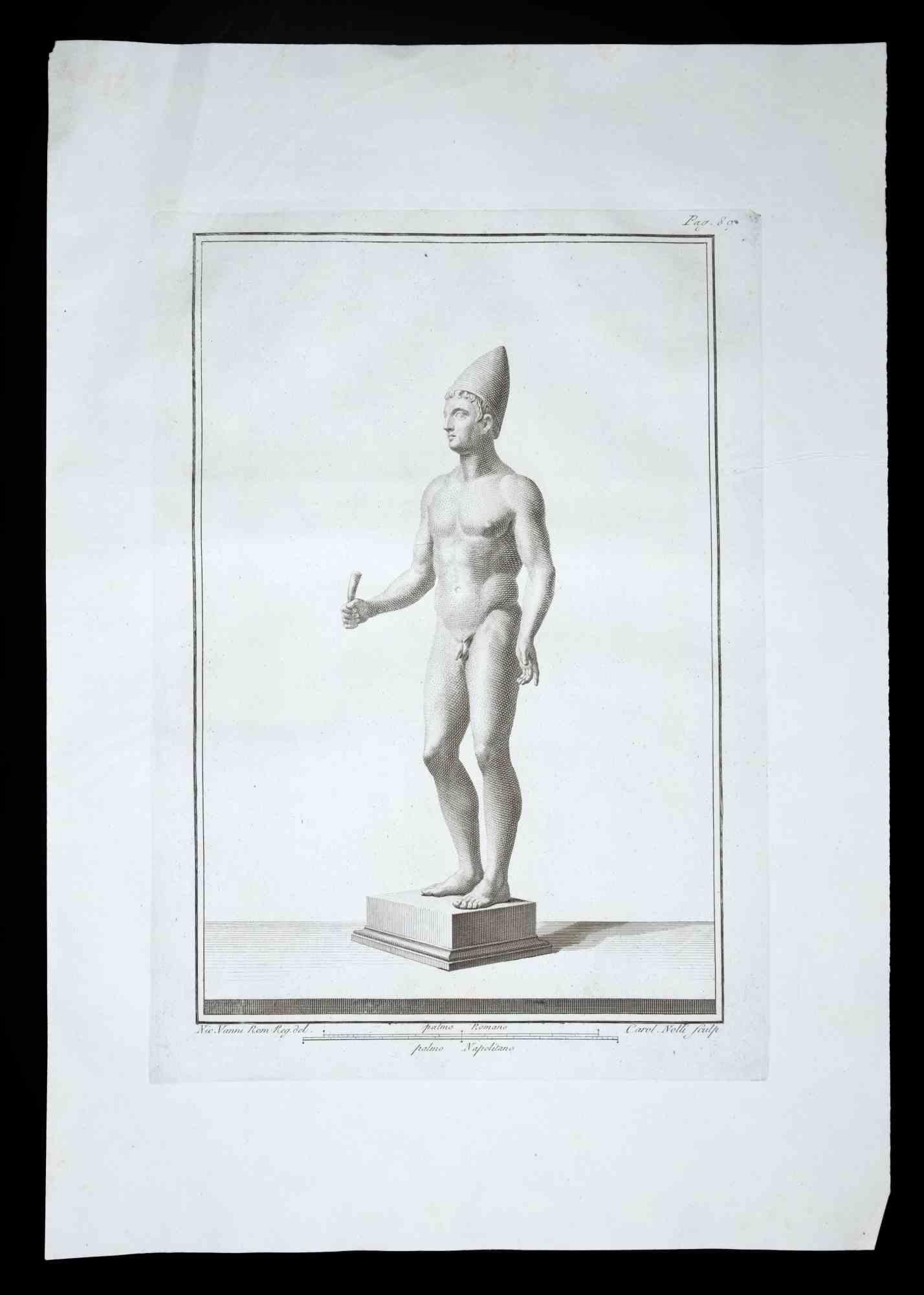 Statue romaine ancienne - gravure originale de Carlo Nolli - années 1700