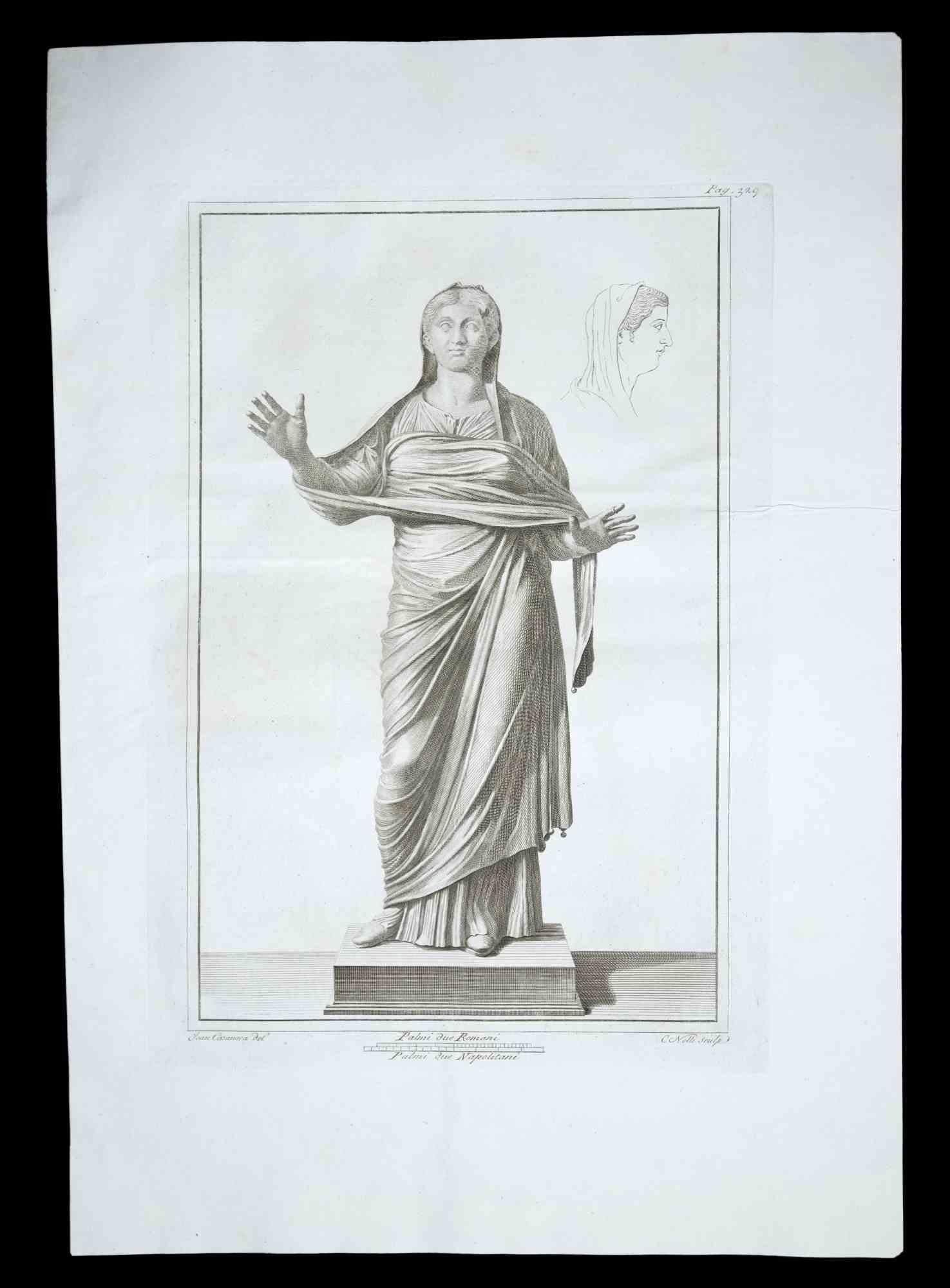 Antike römische Statue, aus der Serie "Antiquitäten von Herculaneum", ist eine Originalradierung auf Papier von Carlo Nolli aus dem 18. Jahrhundert.

Signiert auf der Platte unten rechts.

Guter Zustand mit leichten Stockflecken.

Die Radierung