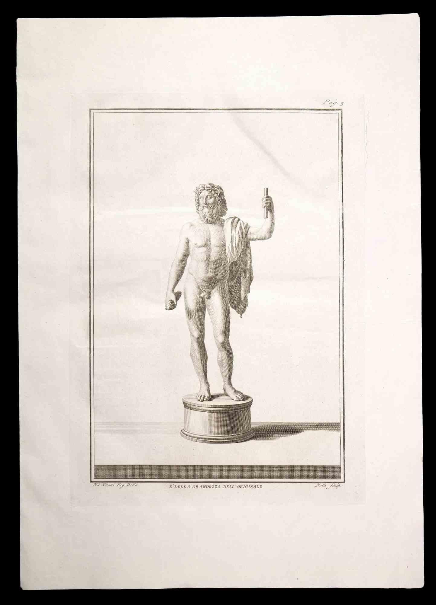Ancient Roman Statue, from the series "Antiquities of Herculaneum", is an etching on paper realized by Carlo Nolli in the 18th century.

Signed on the plate, on the lower right.

Good conditions with minor folding.

The etching belongs to the print