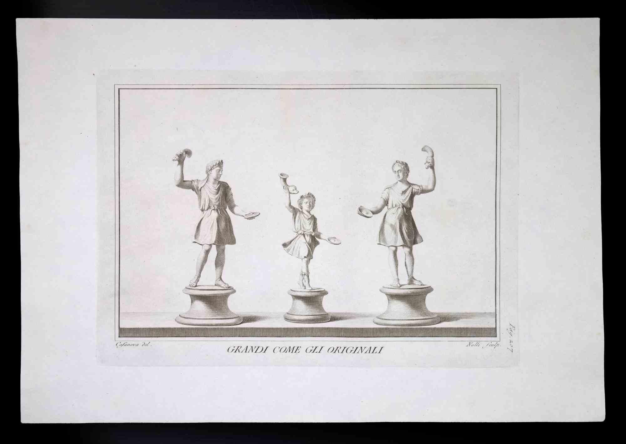 Carlo Nolli Figurative Print - Ancient Roman Statues with Grails - Etching by C. Nolli - 18th century
