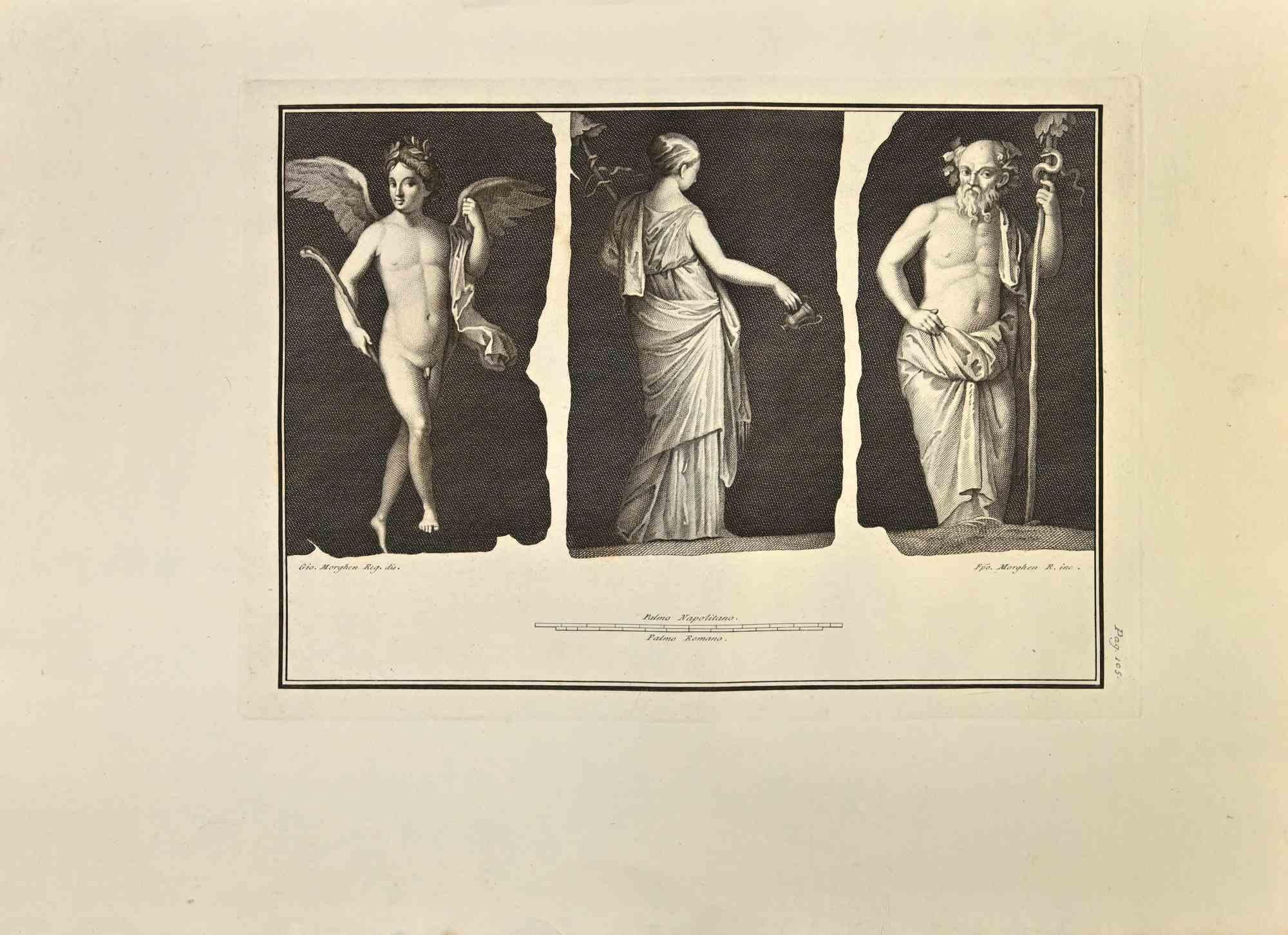 Pan Lehre  Daphnis To Play aus "Antiquities of Herculaneum" ist eine Radierung auf Papier von Carlo Cataneo aus dem 18. Jahrhundert.

Signiert auf der Platte.

Guter Zustand mit einigen Faltungen.

Die Radierung gehört zu der Druckserie "Antiquities