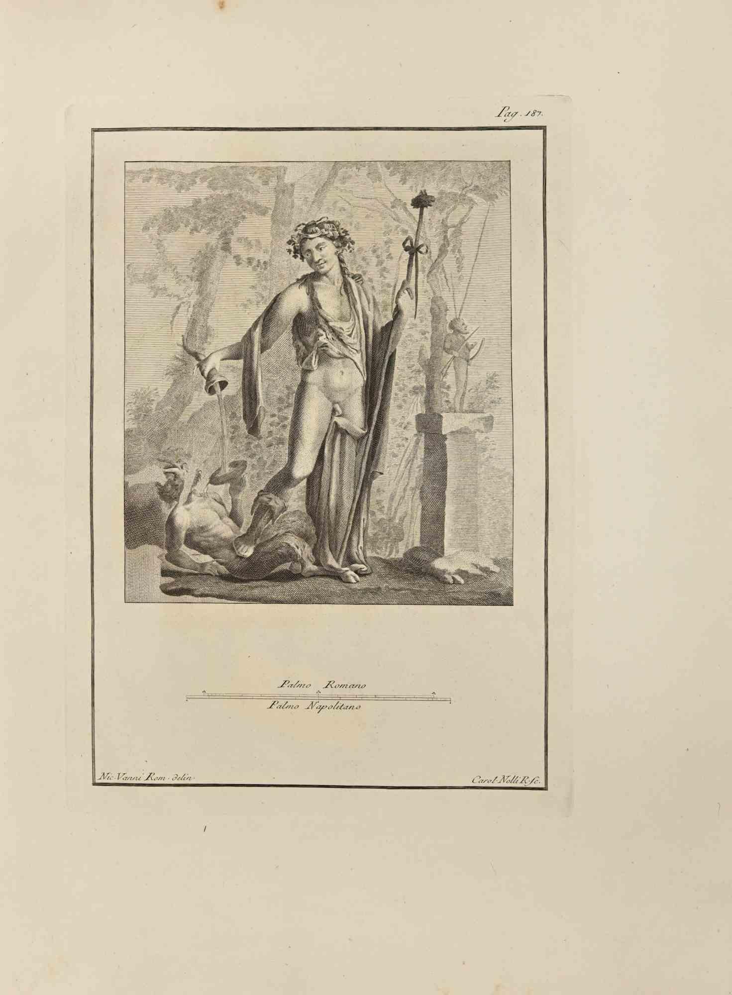 Bacchus avec Thyrsus et Pan des "Antiquités d'Herculanum" est une gravure sur papier réalisée par Carlo Nolli au 18ème siècle.

Signé sur la plaque.

Bon état avec quelques pliages et des rousseurs.

La gravure appartient à la suite d'estampes