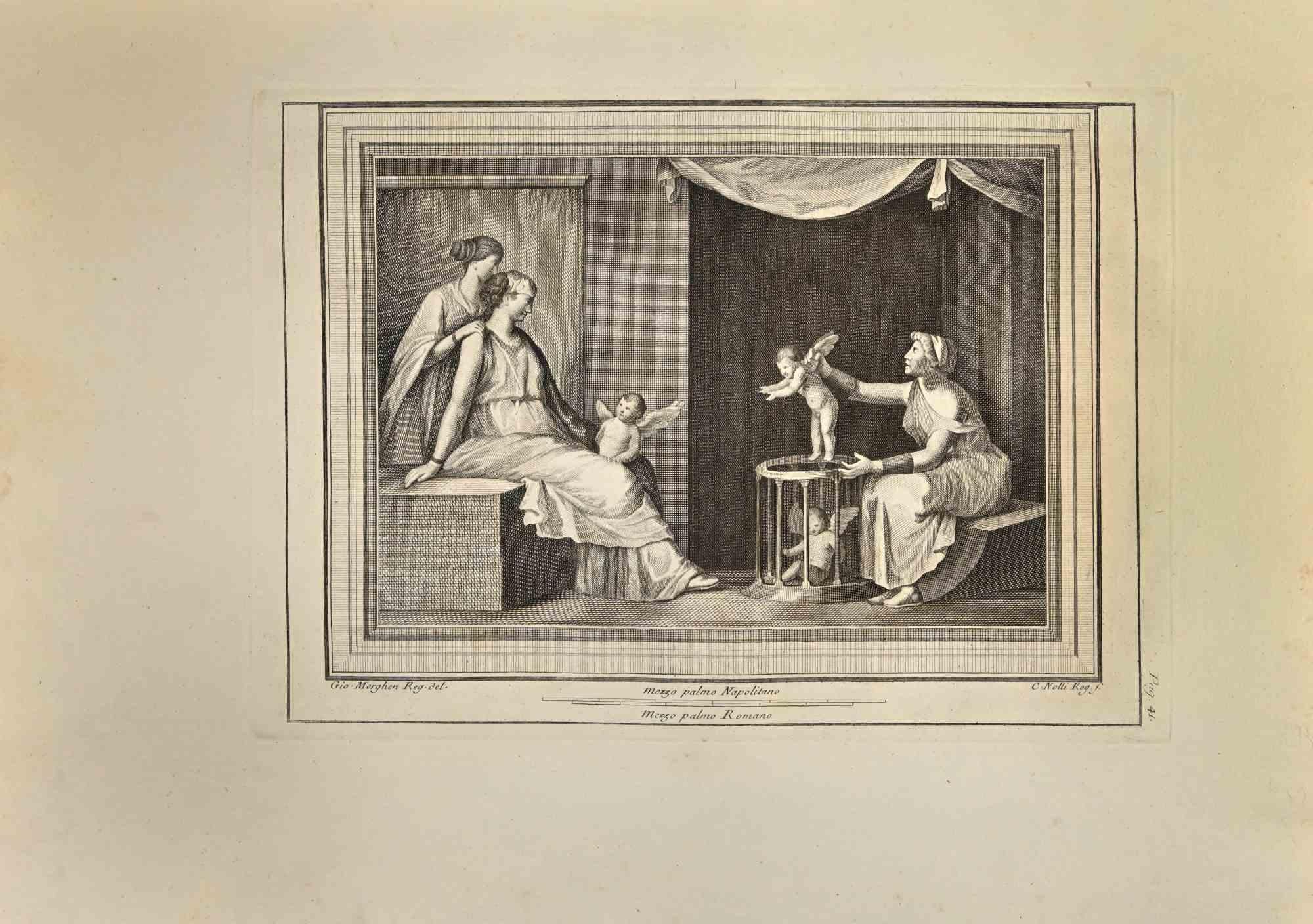 Liberazione degli angeli dalle "Antichità di Ercolano" è un'acquaforte su carta realizzata da Carlo Nolli nel XVIII secolo.

Firmato sul piatto.

Buone condizioni con piegature, un taglio e un po' di foxing, dovuto al tempo.

L'incisione appartiene