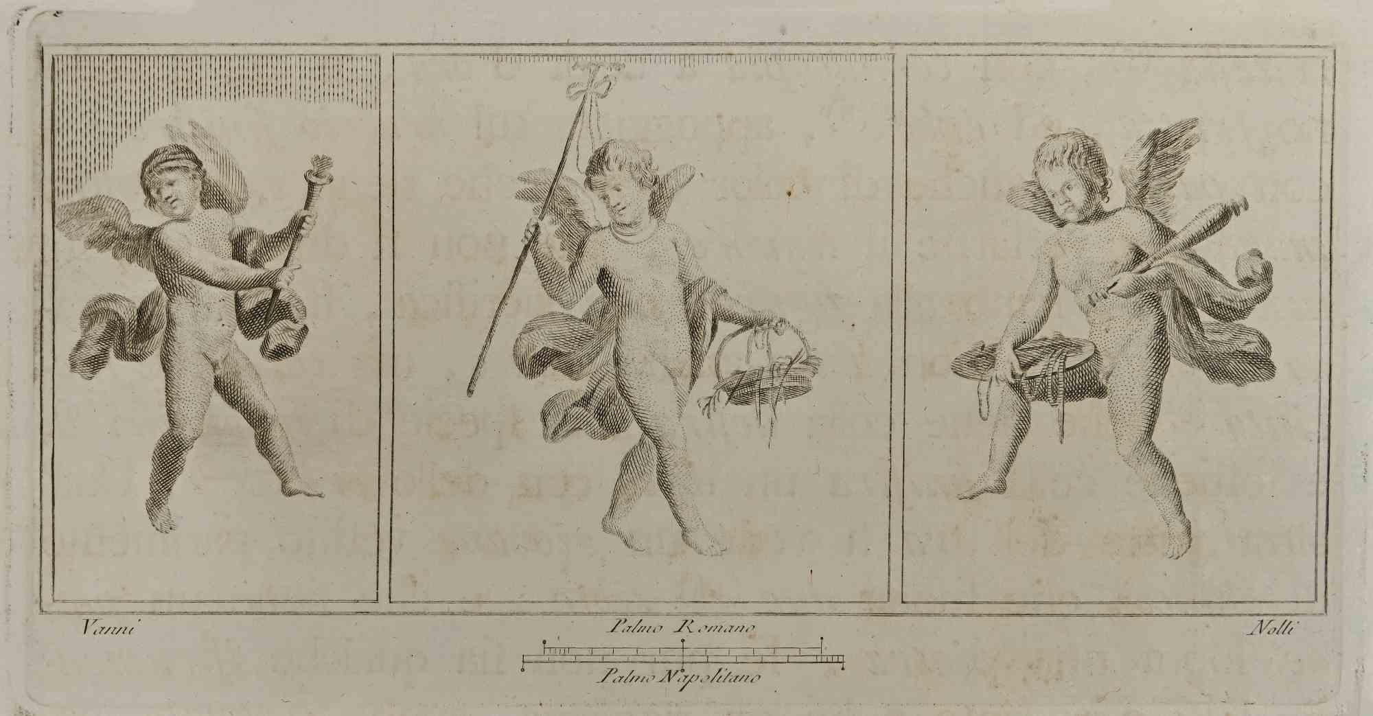 Amor in drei Rahmen aus den "Antiquitäten von Herculaneum" ist eine Radierung auf Papier von Carlo Nolli aus dem 18. Jahrhundert.

Signiert auf der Platte.

Gute Bedingungen.

Die Radierung gehört zu der Druckserie "Antiquities of Herculaneum