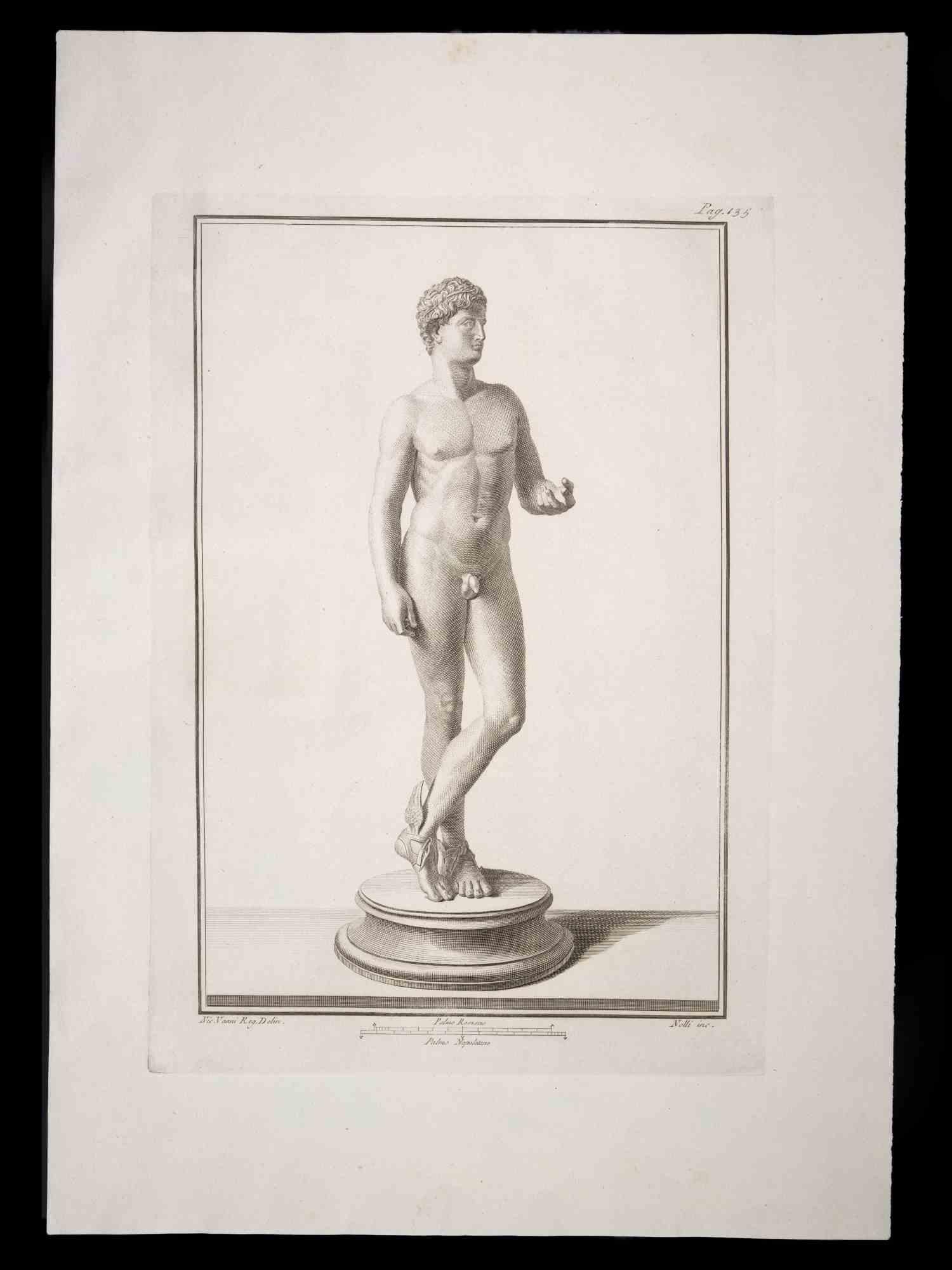 Hermès en statue romaine antique, de la série "Antiquités d'Herculanum", est une gravure originale sur papier réalisée par Carlo Nolli au 18ème siècle.

Signé sur la plaque, en bas à droite.

Bonnes conditions.

La gravure appartient à la suite