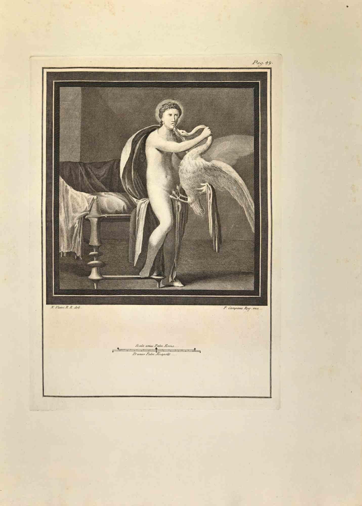 Leda With The Swan from "Antiquities of Herculaneum"  is an etching on paper realized by Ferdinando Campana in the 18th Century.

Signed on the plate.

Good conditions.

The etching belongs to the print suite “Antiquities of Herculaneum Exposed”
