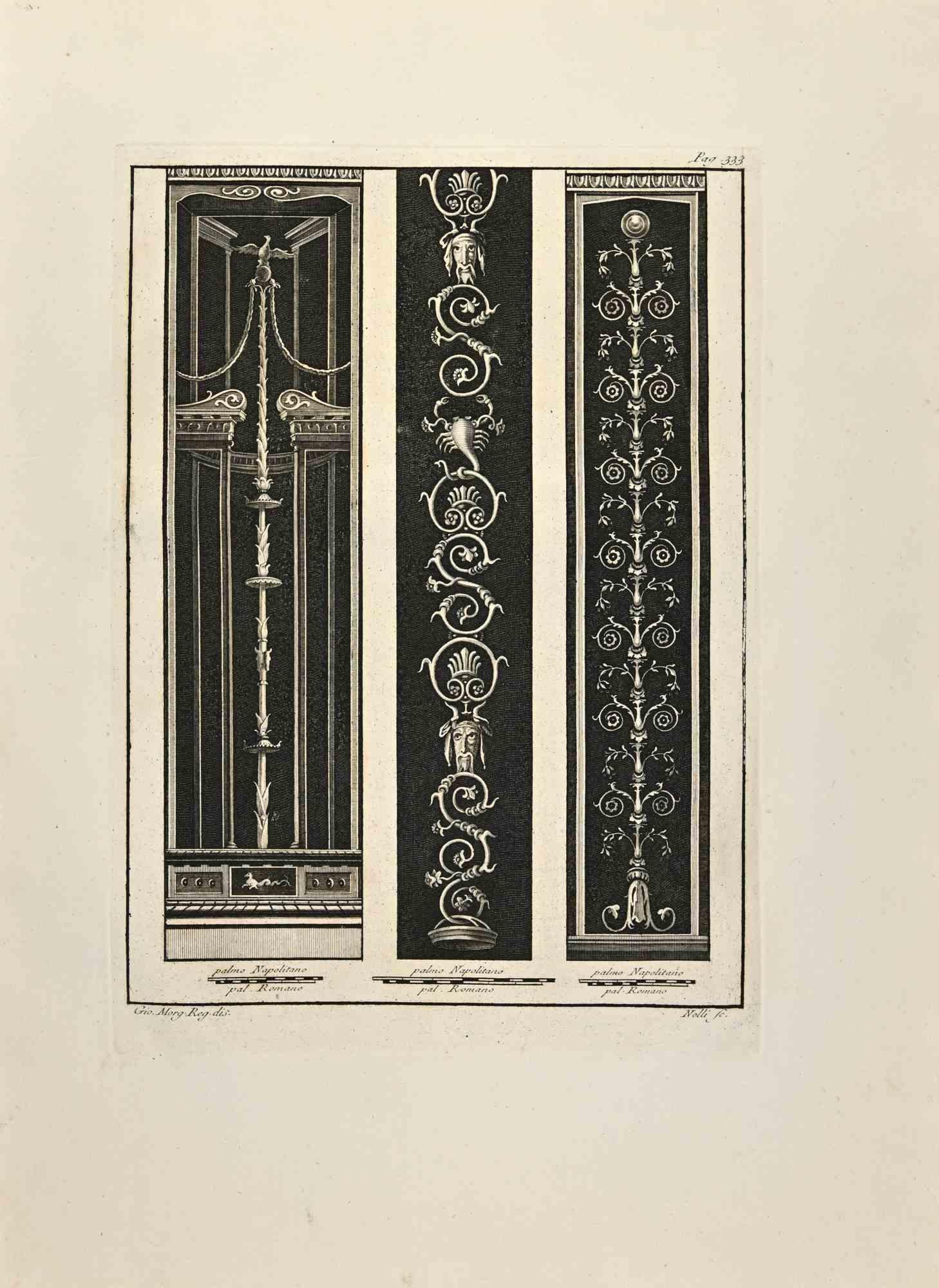 Pompeian Styles Wall Painting from "Antiquities of Herculaneum" is an etching on paper realized by Carlo Nolli in the 18th Century.

Signed on the plate.

Good conditions with some folding.

The etching belongs to the print suite “Antiquities of