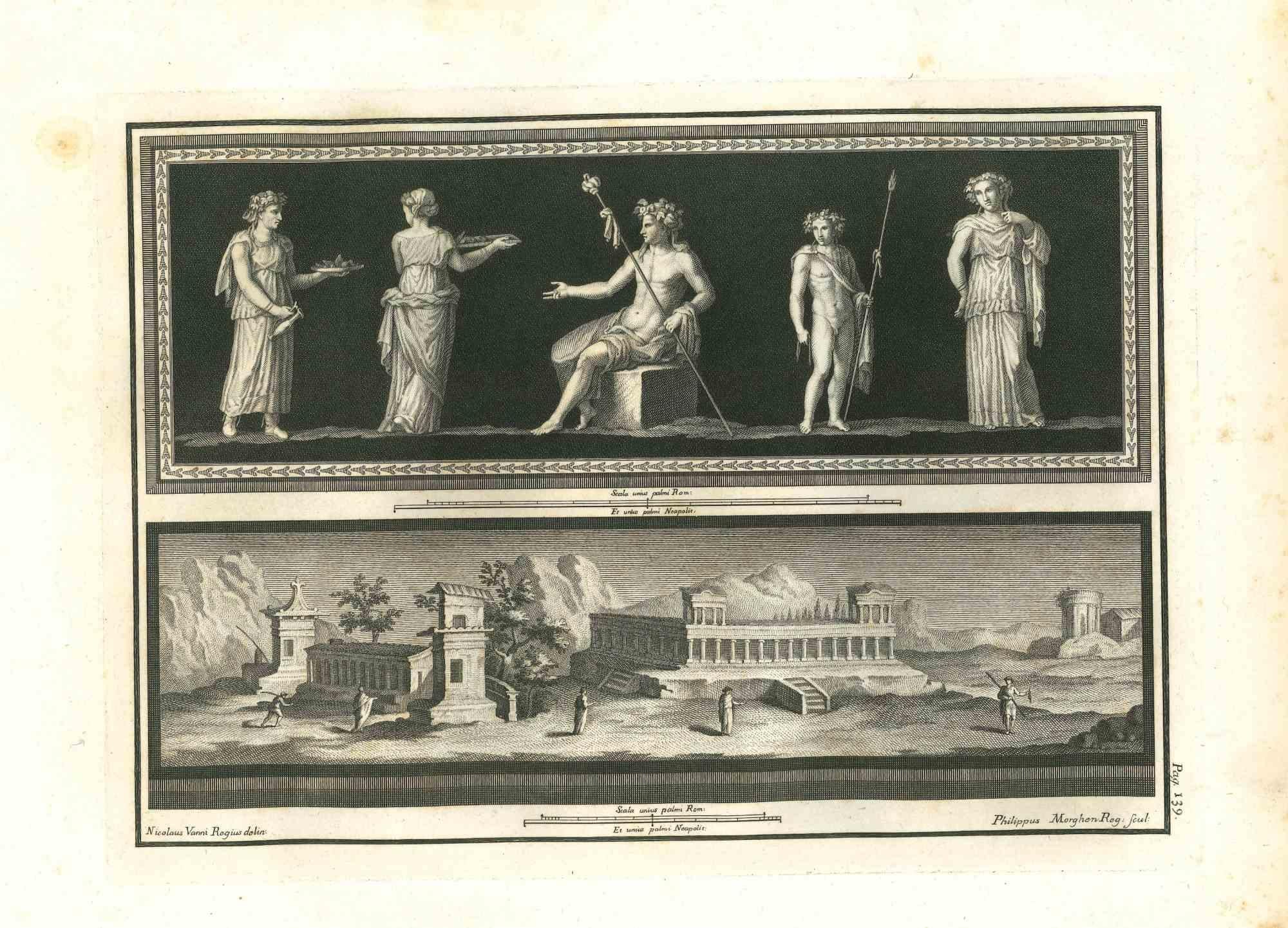 Antikes römisches Fresko aus der Serie "Antiquitäten von Herculaneum", ist eine Originalradierung auf Papier von Filippo Morghen aus dem 18.

Signiert auf der Platte.

Guter Zustand bis auf einige Flecken.

Die Radierung gehört zu der Druckserie