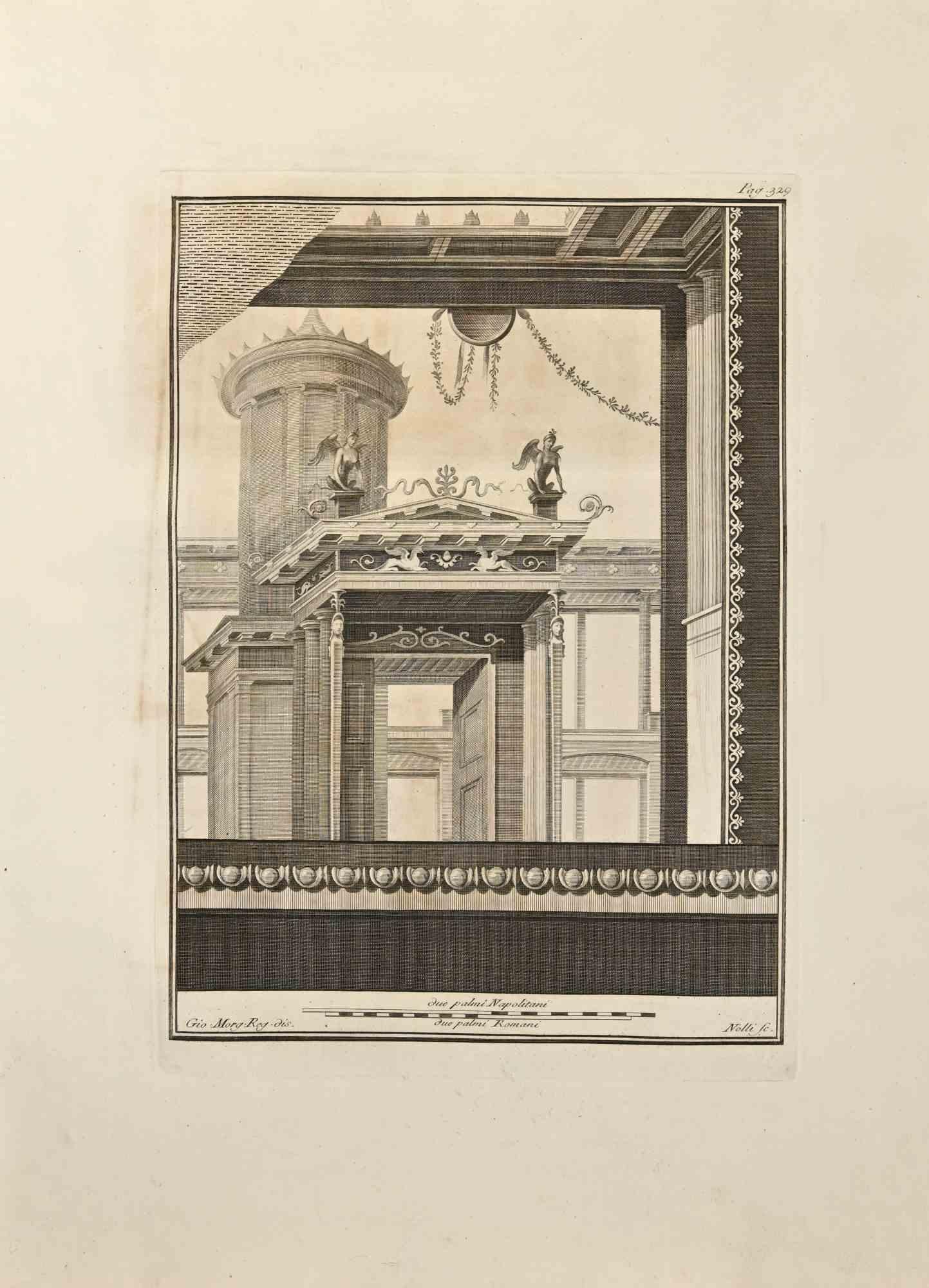 Roman Temple With Sphinx from "Antiquities of Herculaneum" is an etching on paper realized by Carlo Nolli in the 18th Century.

Signed on the plate.

Good conditions with some folding.

The etching belongs to the print suite “Antiquities of