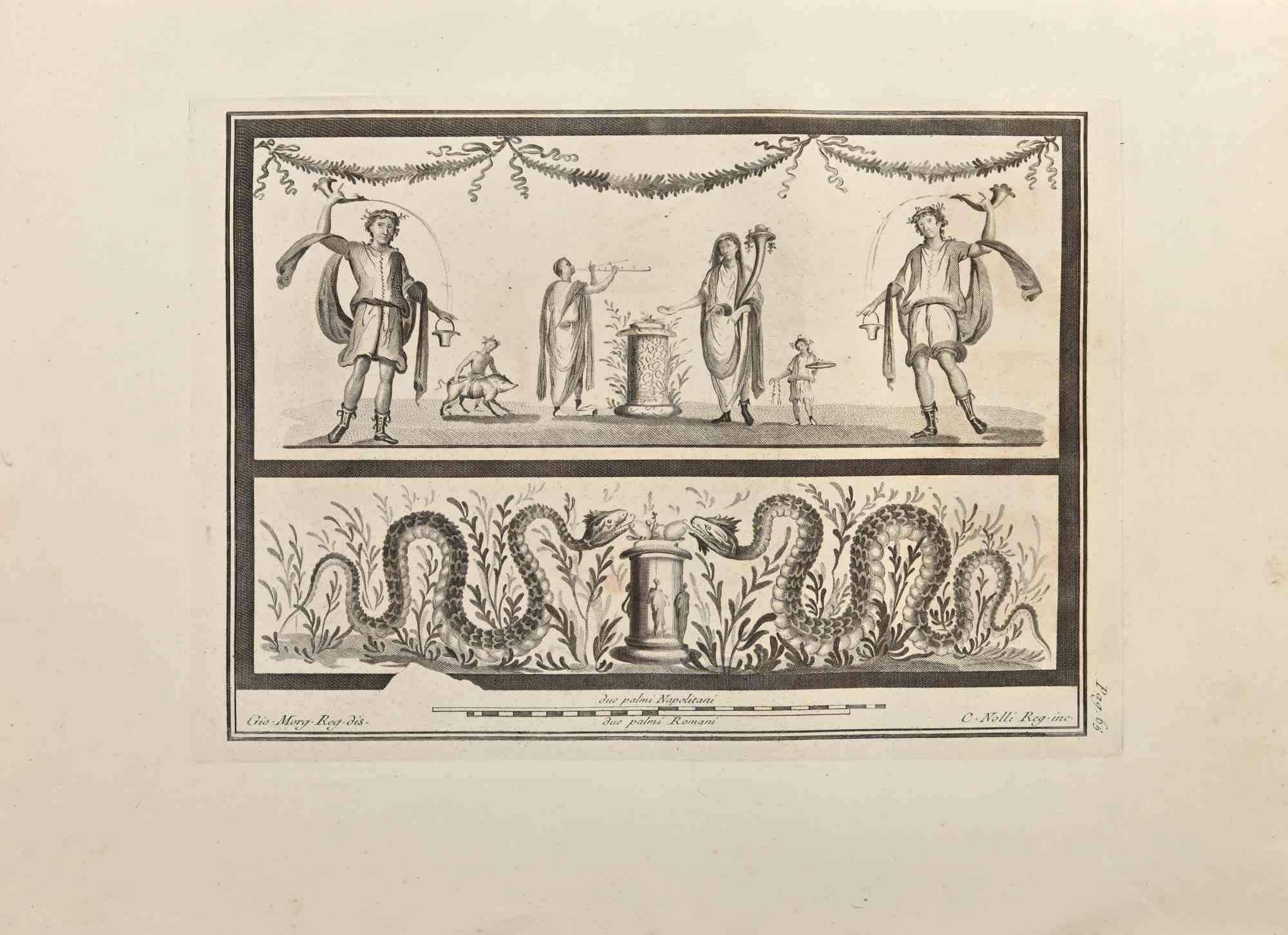 Serpents et cérémonie romaine des "Antiquités d'Herculanum" est une eau-forte sur papier réalisée par Carlo Nolli au XVIIIe siècle.

Signé sur la plaque.

Bonnes conditions avec quelques rousseurs et pliures dues à l'époque.

La gravure appartient à