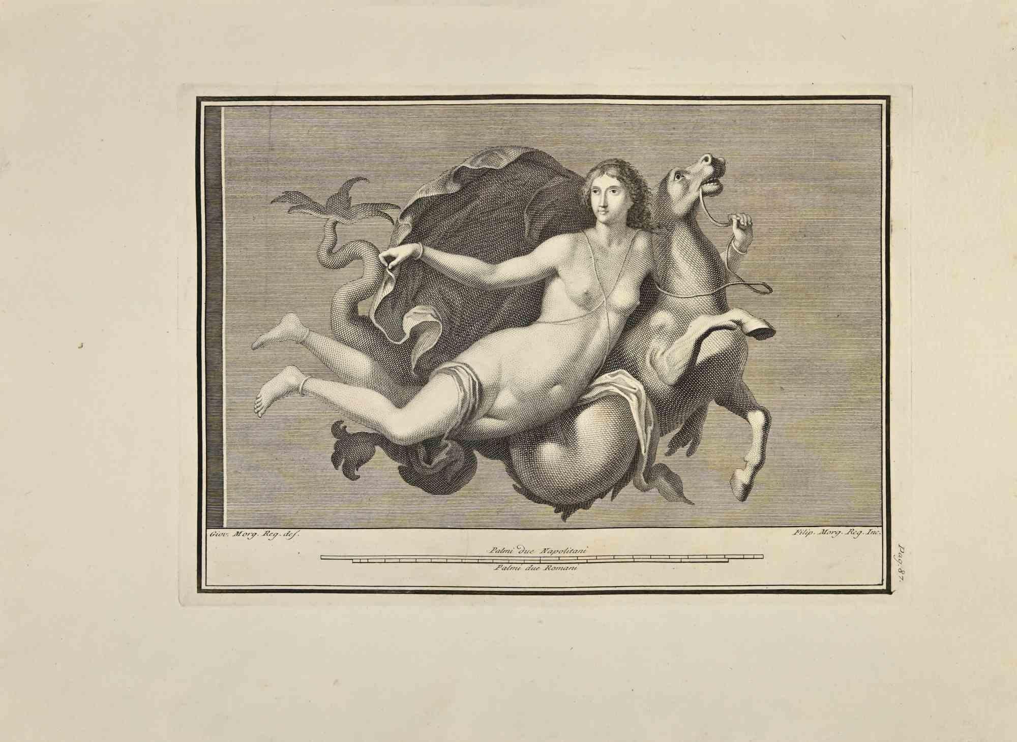 Venusgöttin mit Pferd aus den "Altertümern von Herculaneum" ist eine Radierung auf Papier von Filippo Morghen aus dem 18. Jahrhundert.

Signiert auf der Platte.

Guter Zustand mit einigen Faltungen.

Die Radierung gehört zu der Druckserie
