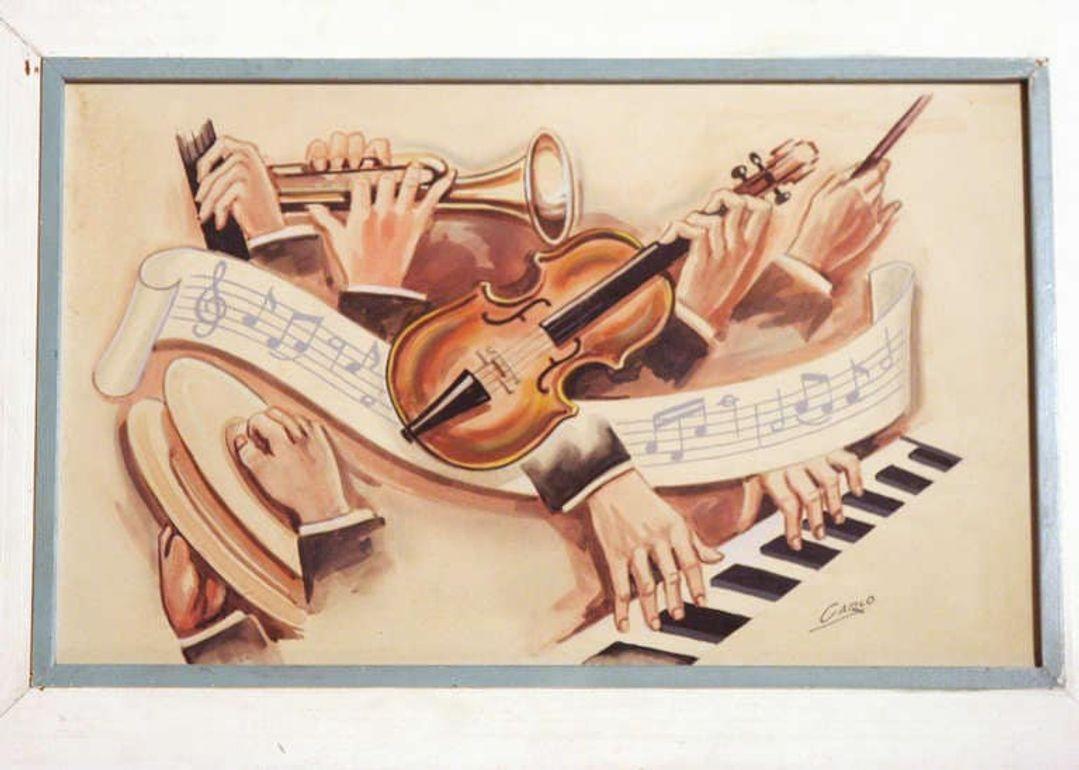 Très rare peinture à l'aquarelle de Carlo of Hollywood Mid-Century représentant un orchestre de jazz complet avec un ensemble d'instruments de musique et des notes de musique défilantes. Le tableau est livré dans le cadre original fabriqué par le