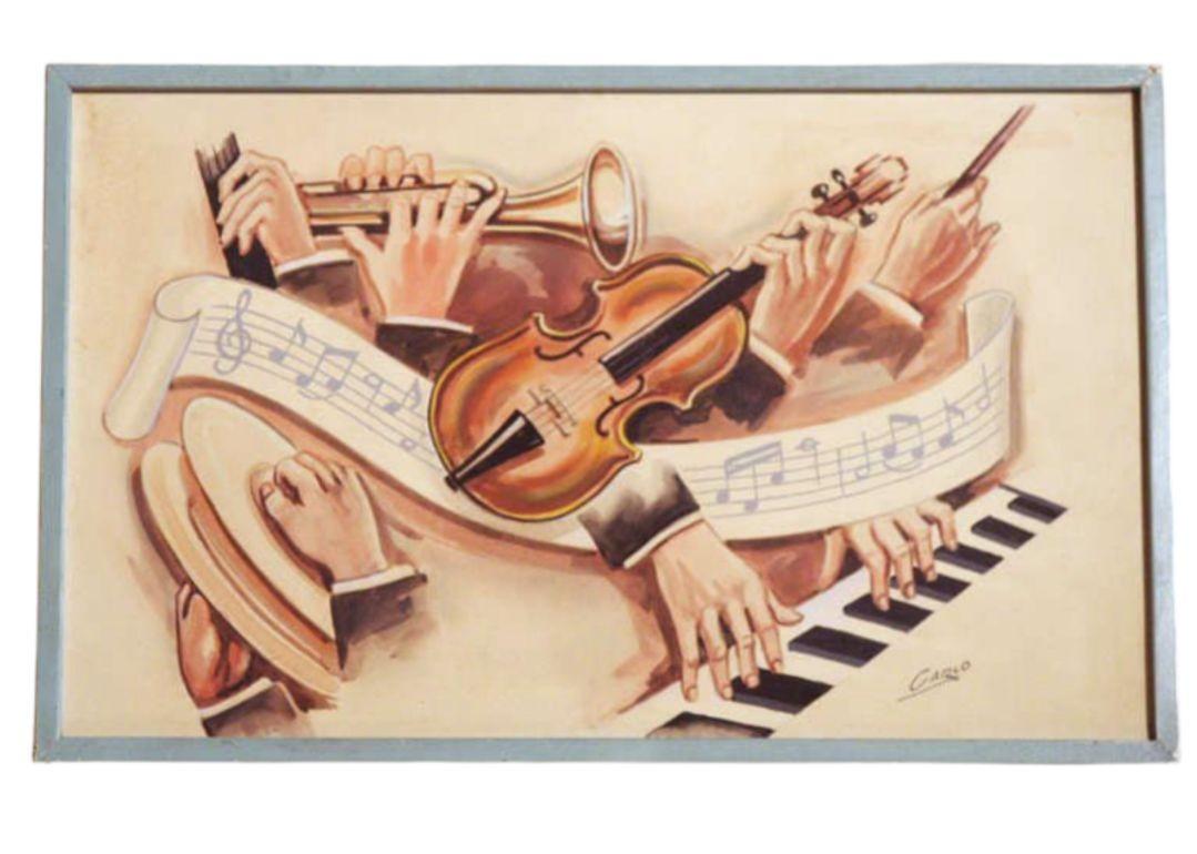 Sehr seltenes Aquarell von Carlo of Hollywood aus der Mitte des Jahrhunderts, das eine komplette Jazzband mit einer Reihe von Musikinstrumenten und scrollenden Musiknoten zeigt. Das Gemälde wird in einem Originalrahmen geliefert, der vom Studio