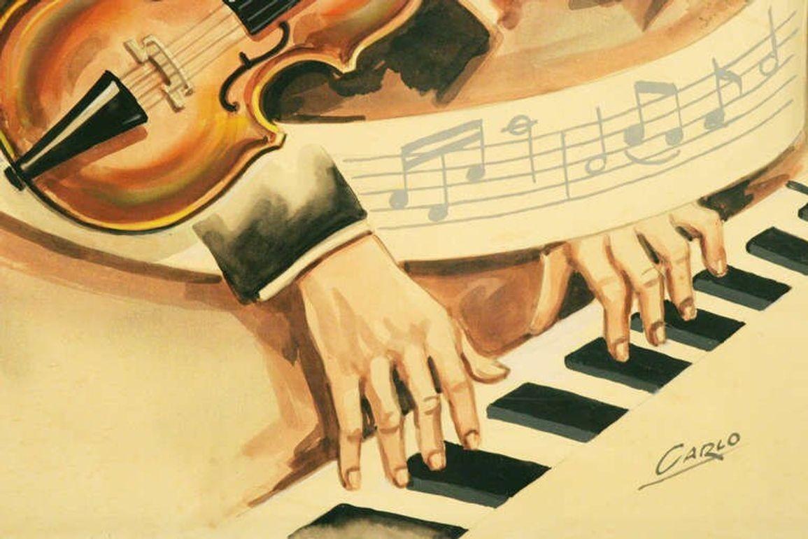 Mid-Century Modern Carlo of Hollywood « Jazz Band », peinture à l'aquarelle en vente