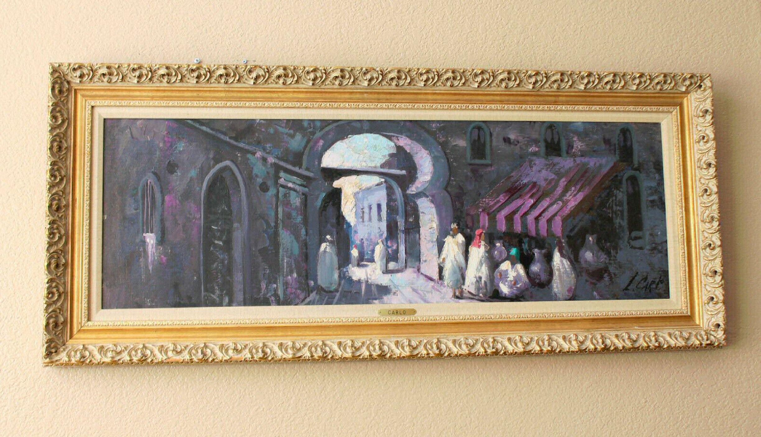 Painted Carlo of Hollywood!  Monumental Rare Original Oil Painting Arab Market 1950s Art For Sale