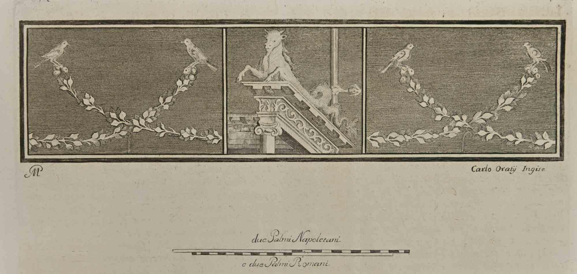 Figurative Print Carlo Oratij - Décoration ancienne d'antiquités d'Hercolaneum - gravure - 18ème siècle