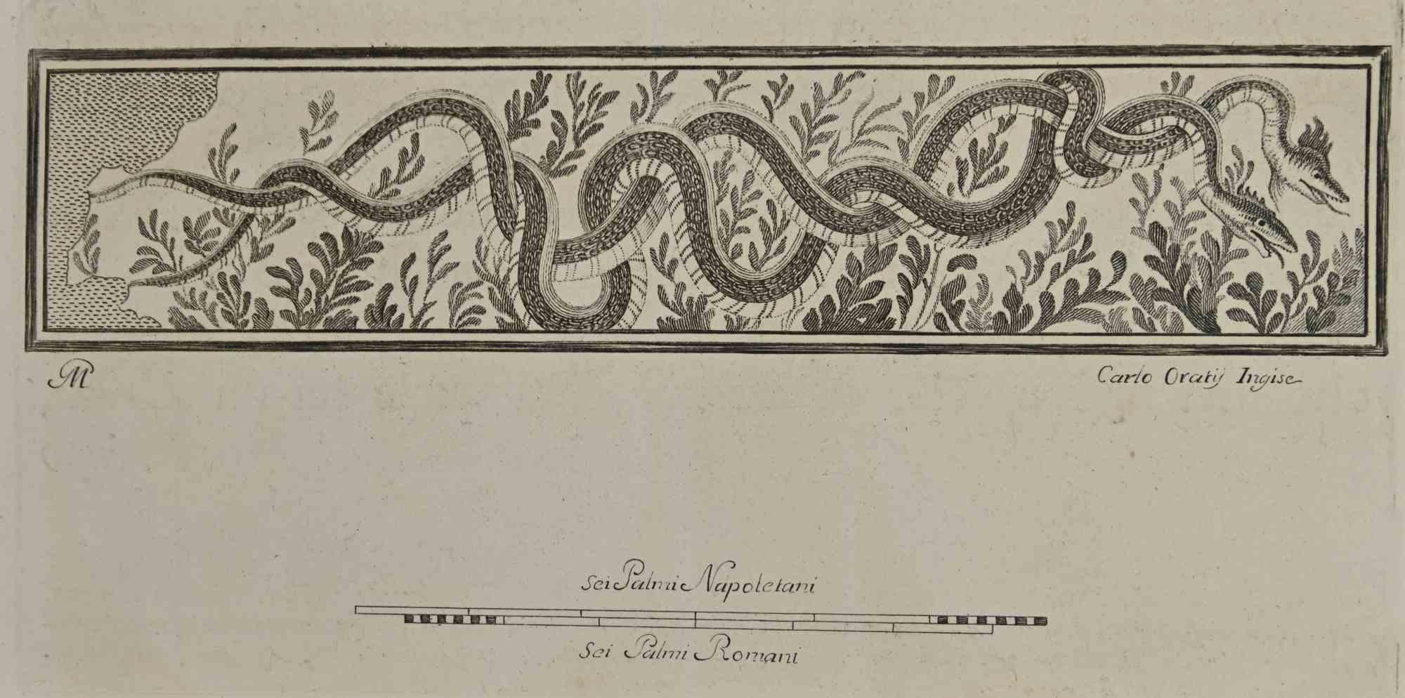 Antikes römisches Fresko aus der Serie "Antiquitäten von Herculaneum", ist eine Radierung auf Papier von Carlo Ortij aus dem 18.

 

Signiert auf der Platte.

 

Guter Zustand bis auf einige kleinere Flecken und einen Schnitt links unten.

 

Die