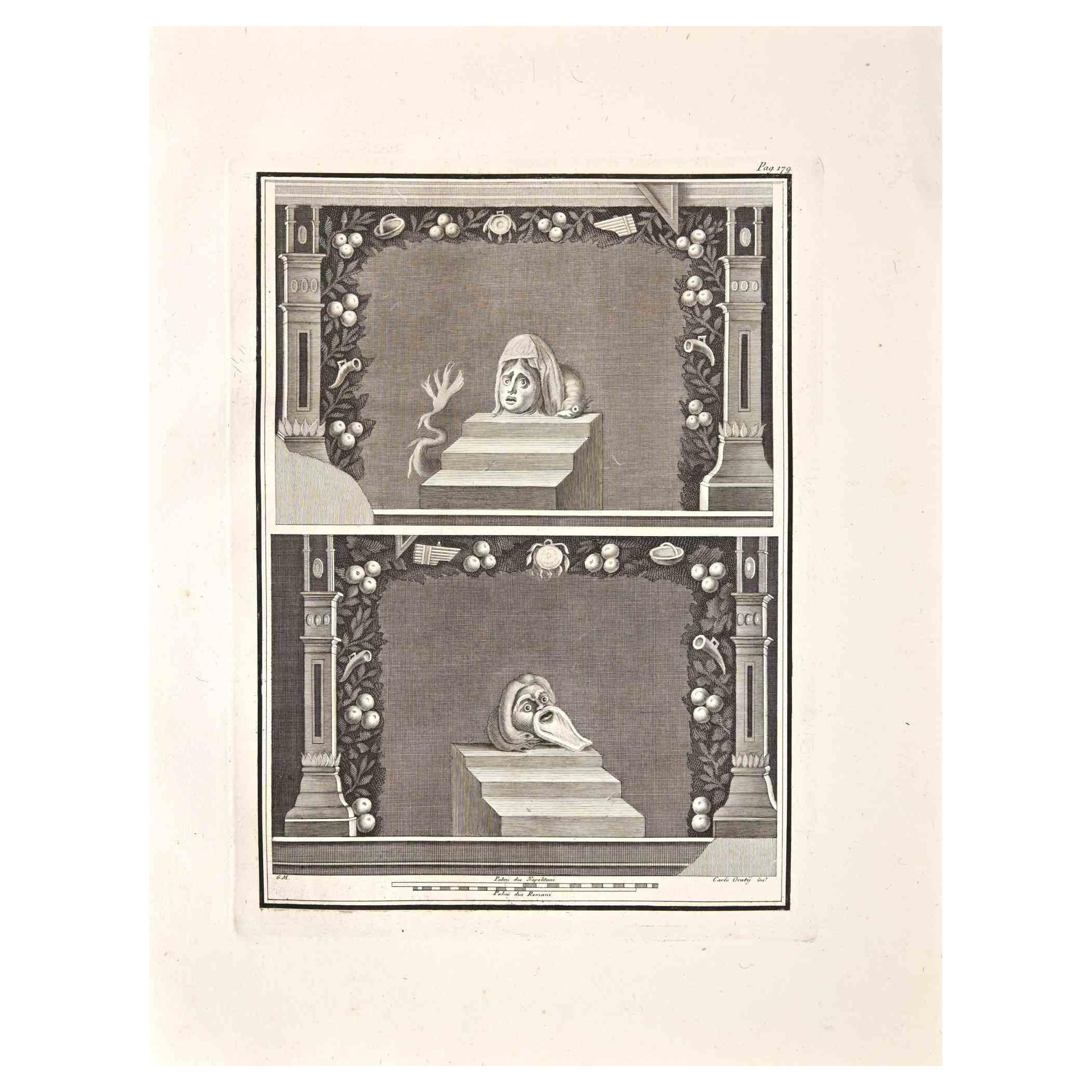 Figurative Print Carlo Oratij - Antiquités de l'Herculanum - Gravure originale de C. Oratij - 18ème siècle
