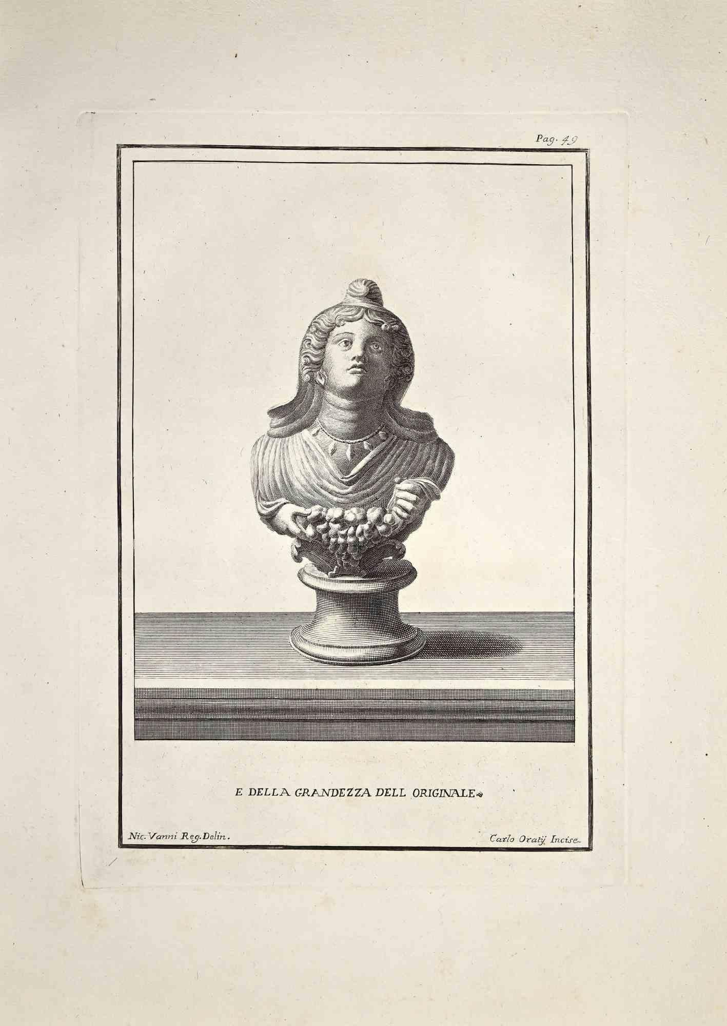 Ancient Roman Bust from Ancient Rome, from the Series "Antiquities of Herculaneum Exposed", is an original etching realized by Carlo Oraty in the late 18th century.


Signed on the plate, on the lower right.

Good conditions.

The etching belongs to