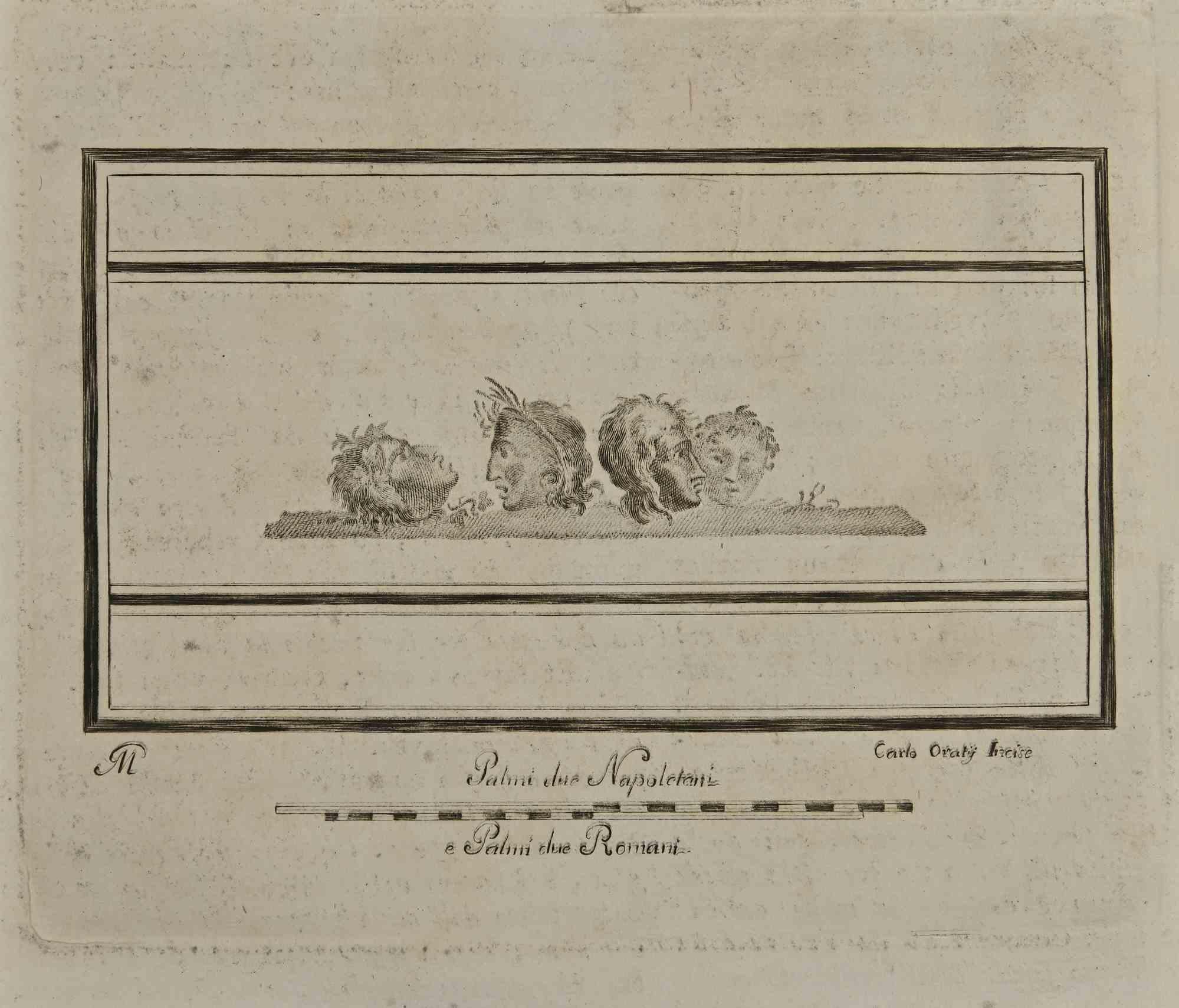 Antikes römisches Fresko aus der Serie "Antiquitäten von Herculaneum", ist eine Radierung auf Papier, die von Carlo Oraty im 18.

Gute Bedingungen.

Signiert auf der unteren Seite.

Die Radierung gehört zu der Druckserie "Antiquities of Herculaneum