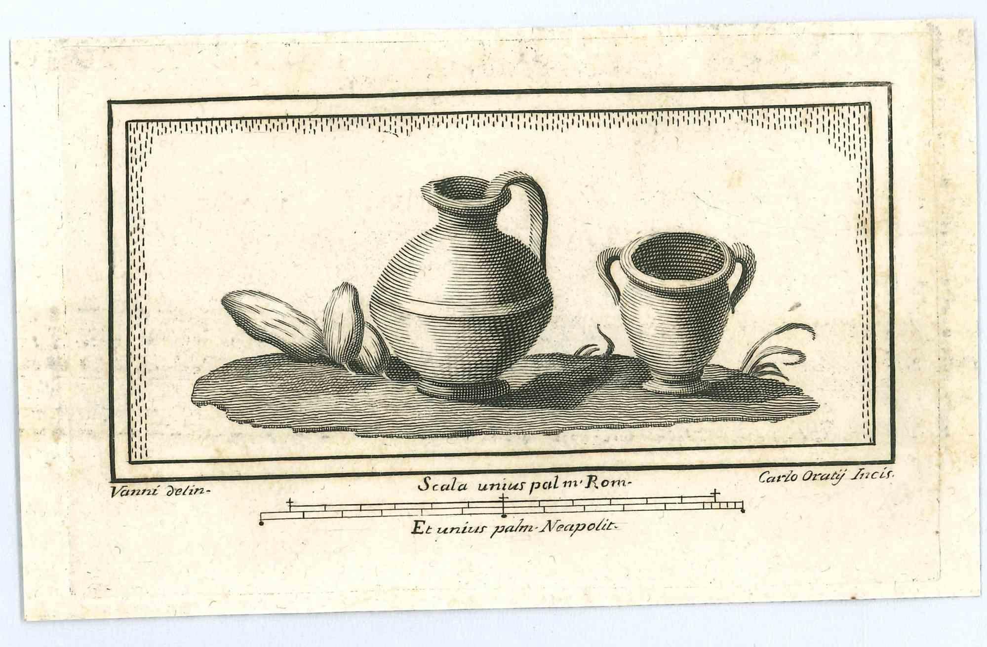Ancient Roman Fresco, from the series "Antiquities of Herculaneum", is an original etching on paper realized from a design by Carlo Oraty in the 18th Century.

Signed on the plate.

Good conditions.

The etching belongs to the print suite