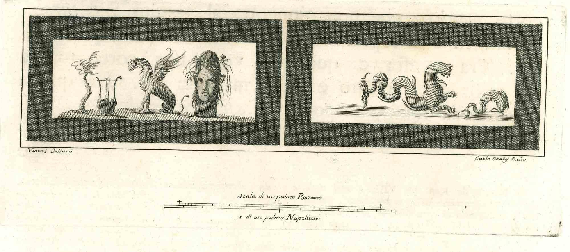 Ancient Roman Fresco, from the series "Antiquities of Herculaneum", is an original etching on paper realized after Nicolò Vanni by Carlo Oraty in the 18th century.

Signed on the plate.

Good conditions.

The etching belongs to the print suite
