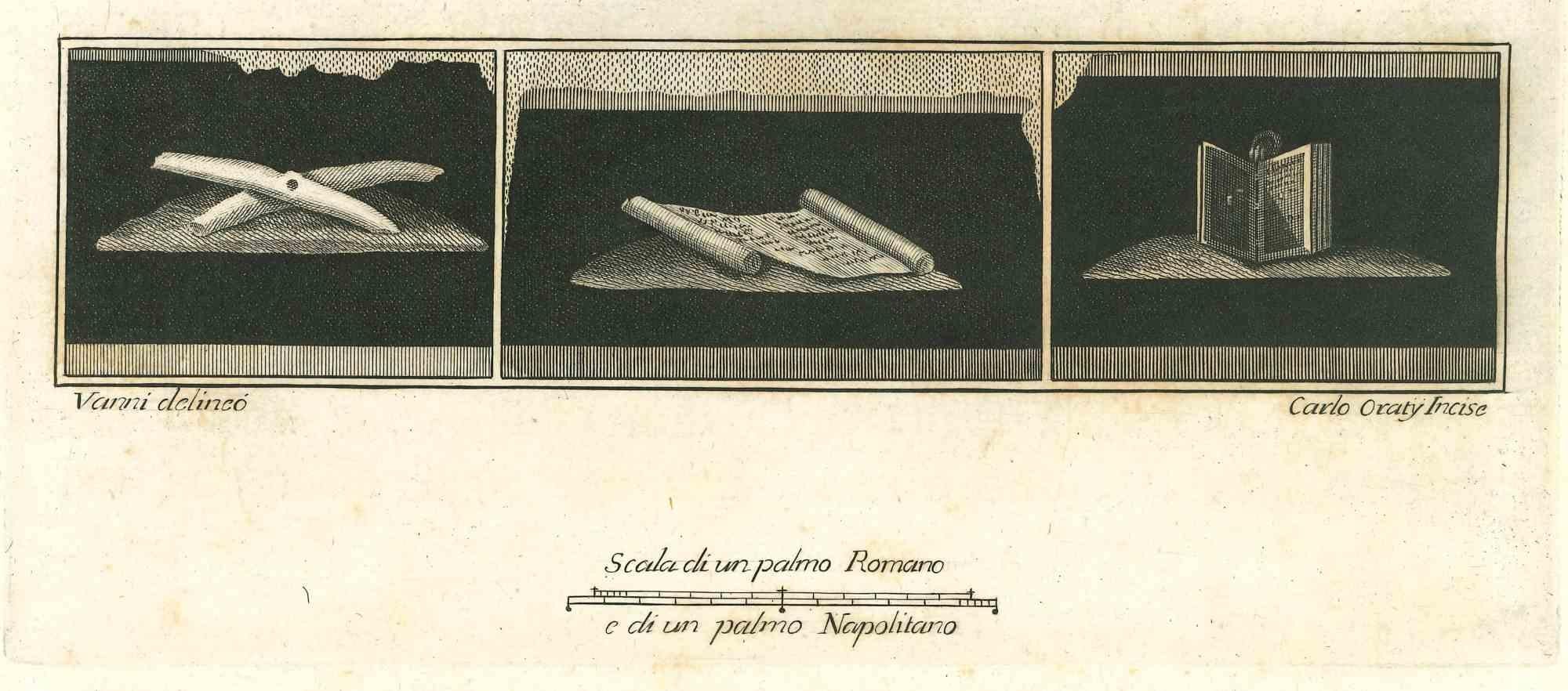 Antikes römisches Fresko, aus der Serie "Antiquitäten von Herculaneum", ist eine Originalradierung auf Papier nach einem Entwurf von Carlo Oraty nach Nicolò Vanni aus dem 18.

Signiert auf der Platte.

Gute Bedingungen.

Die Radierung gehört zu der