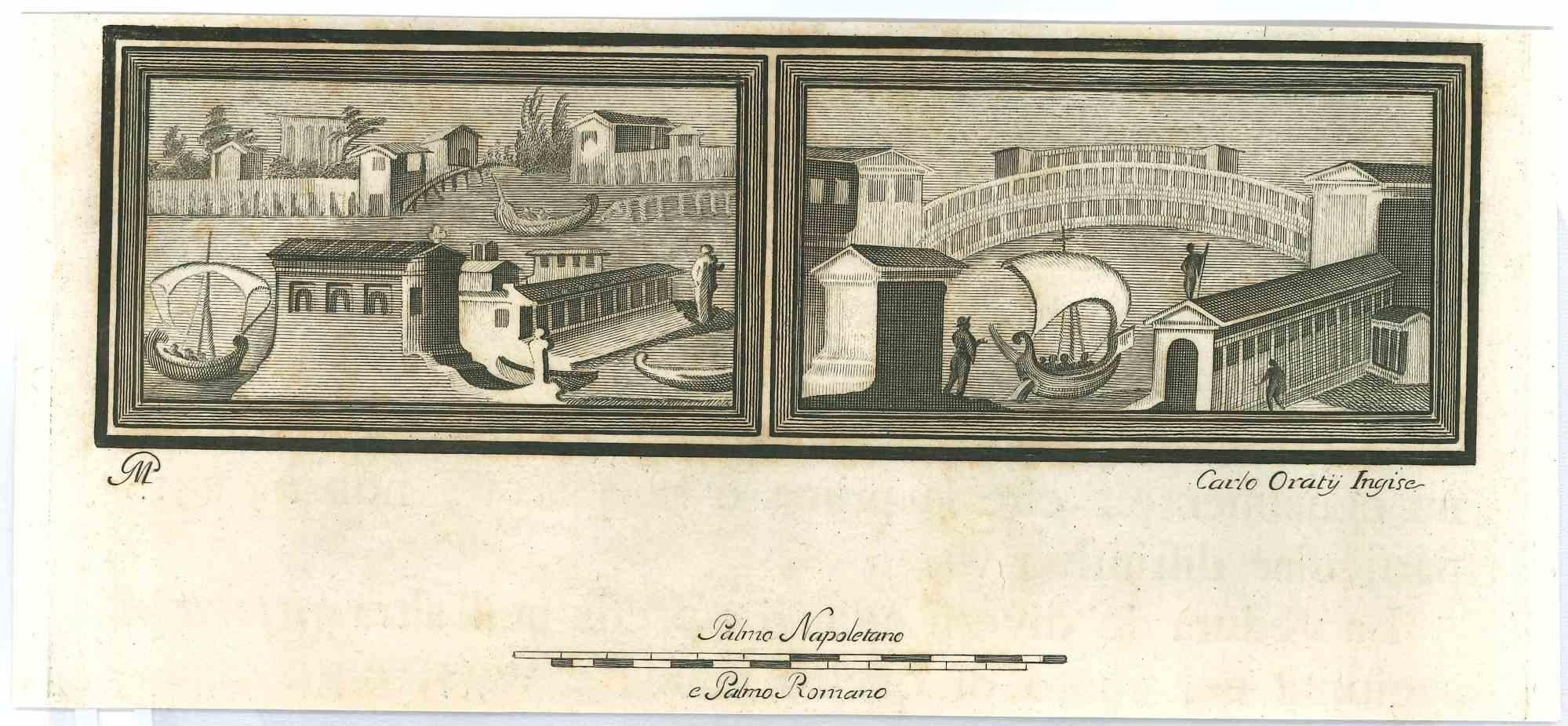 Ancient Roman Fresco, from the series "Antiquities of Herculaneum", is an original etching on paper realized from a design by Carlo Oraty in the 18th century.

Signed on the plate.

Good conditions.

The etching belongs to the print suite