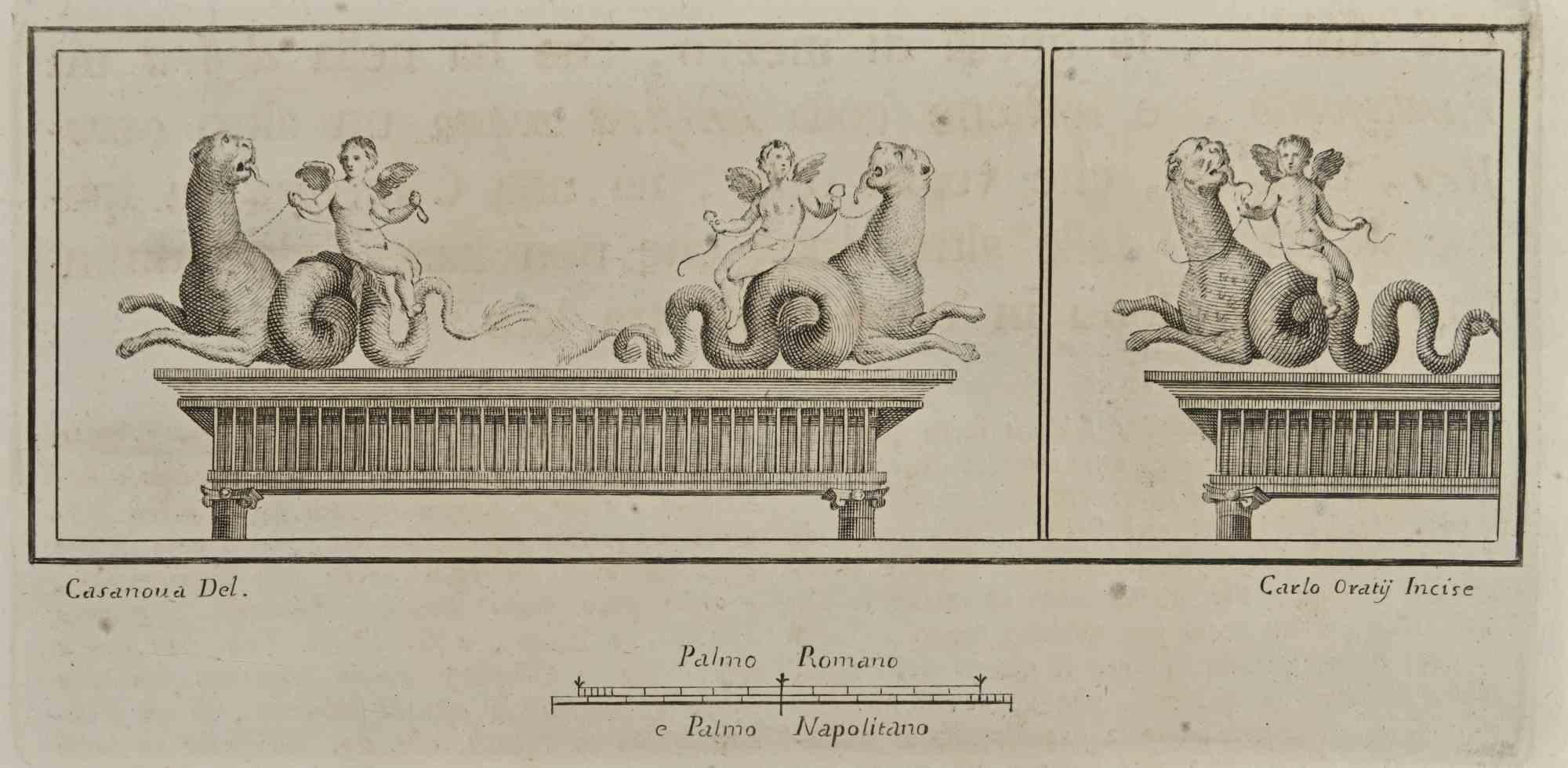 Amor reitet auf Meerestieren aus den "Altertümern von Herculaneum" ist eine Radierung auf Papier von Carlo Oraty aus dem 18. Jahrhundert.

Signiert auf der Platte.

Gute Bedingungen.

Die Radierung gehört zu der Druckserie "Antiquities of