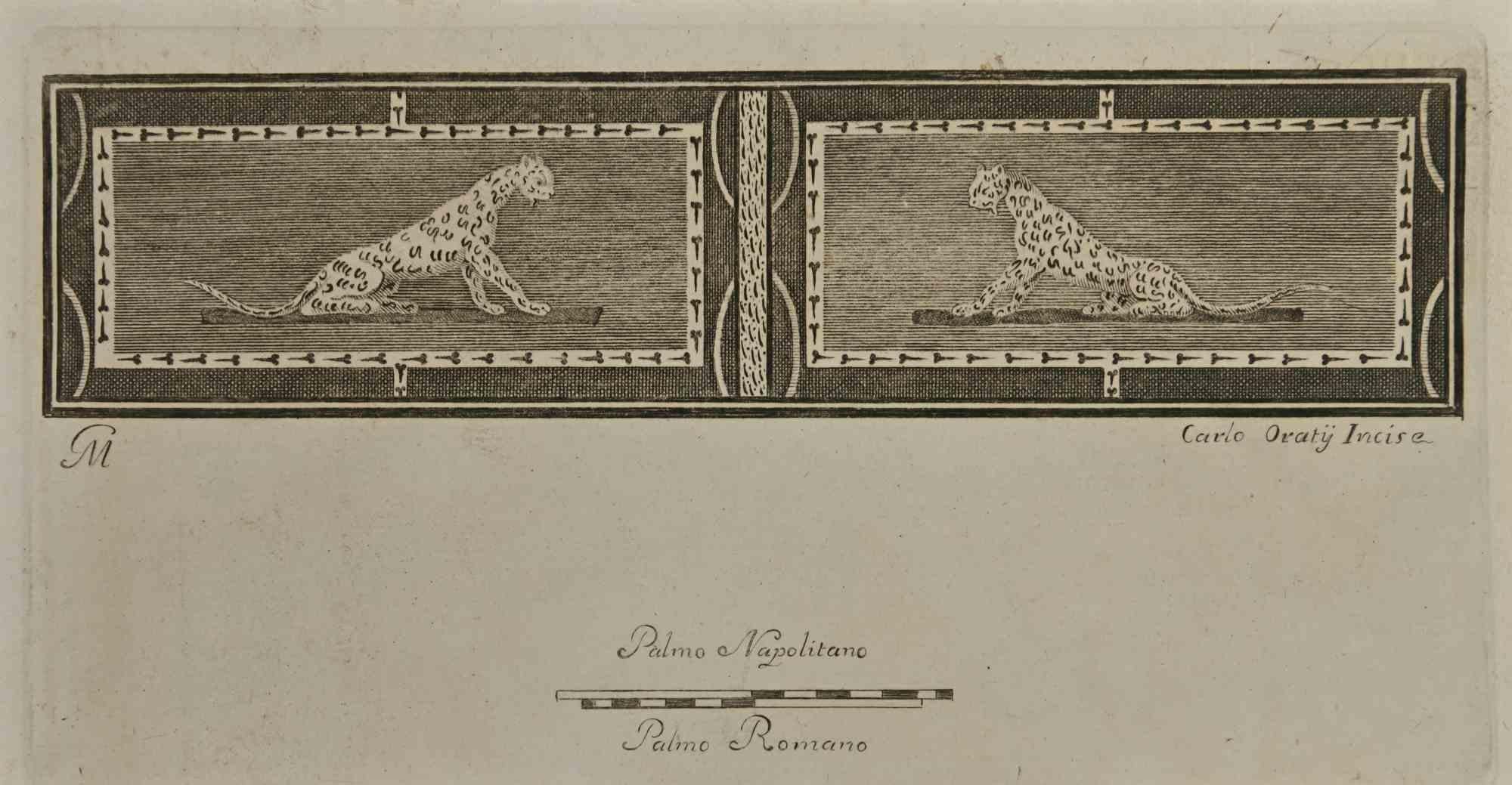 Das pompejanische Fresko Jaguar aus den "Altertümern von Herculaneum" ist eine Radierung auf Papier von Carlo Oraty aus dem 18. Jahrhundert.

Signiert auf der Platte.

Gute Bedingungen.

Die Radierung gehört zu der Druckserie "Antiquities of