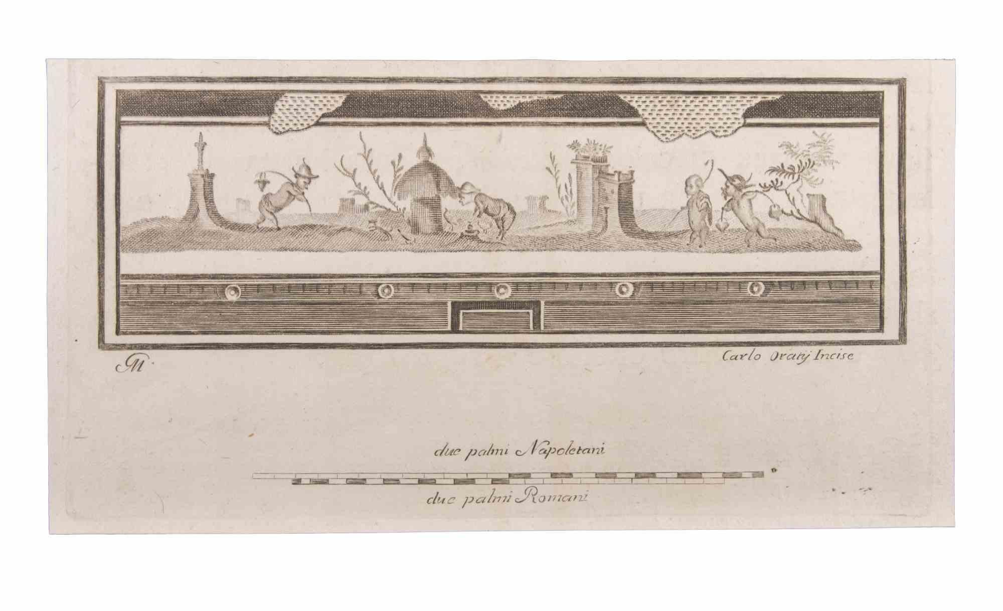 Landscape With Figures and Animals is an Etching realized by  Carlo Oraty (18th century).

The etching belongs to the print suite “Antiquities of Herculaneum Exposed” (original title: “Le Antichità di Ercolano Esposte”), an eight-volume volume of