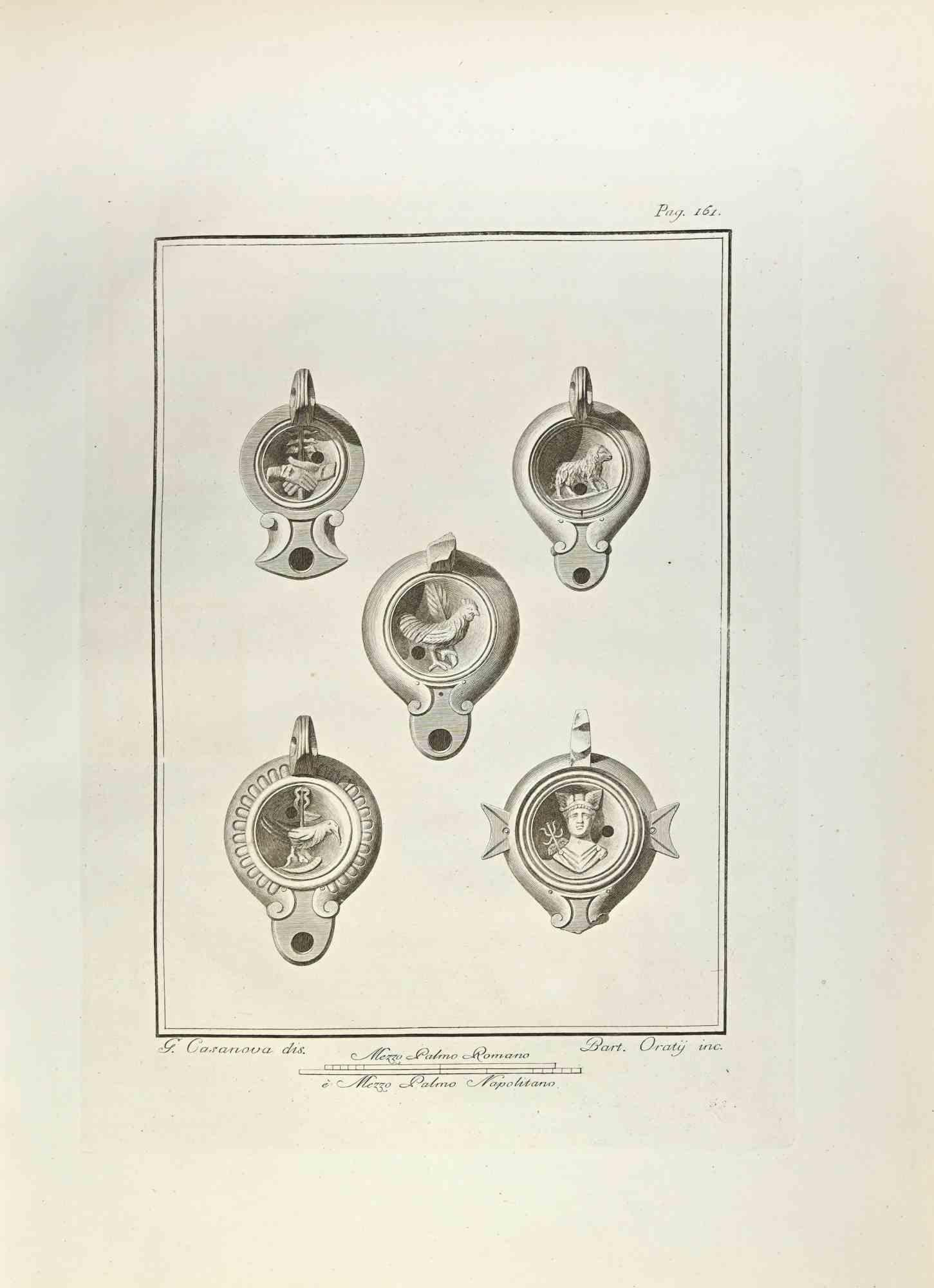 Öllampe mit Hermesgott und Vögeln aus den "Altertümern von Herculaneum" ist eine Radierung auf Papier von Carlo Oraty aus dem 18. Jahrhundert.

Signiert auf der Platte.

Gute Bedingungen.

Die Radierung gehört zu der Druckserie "Antiquities of