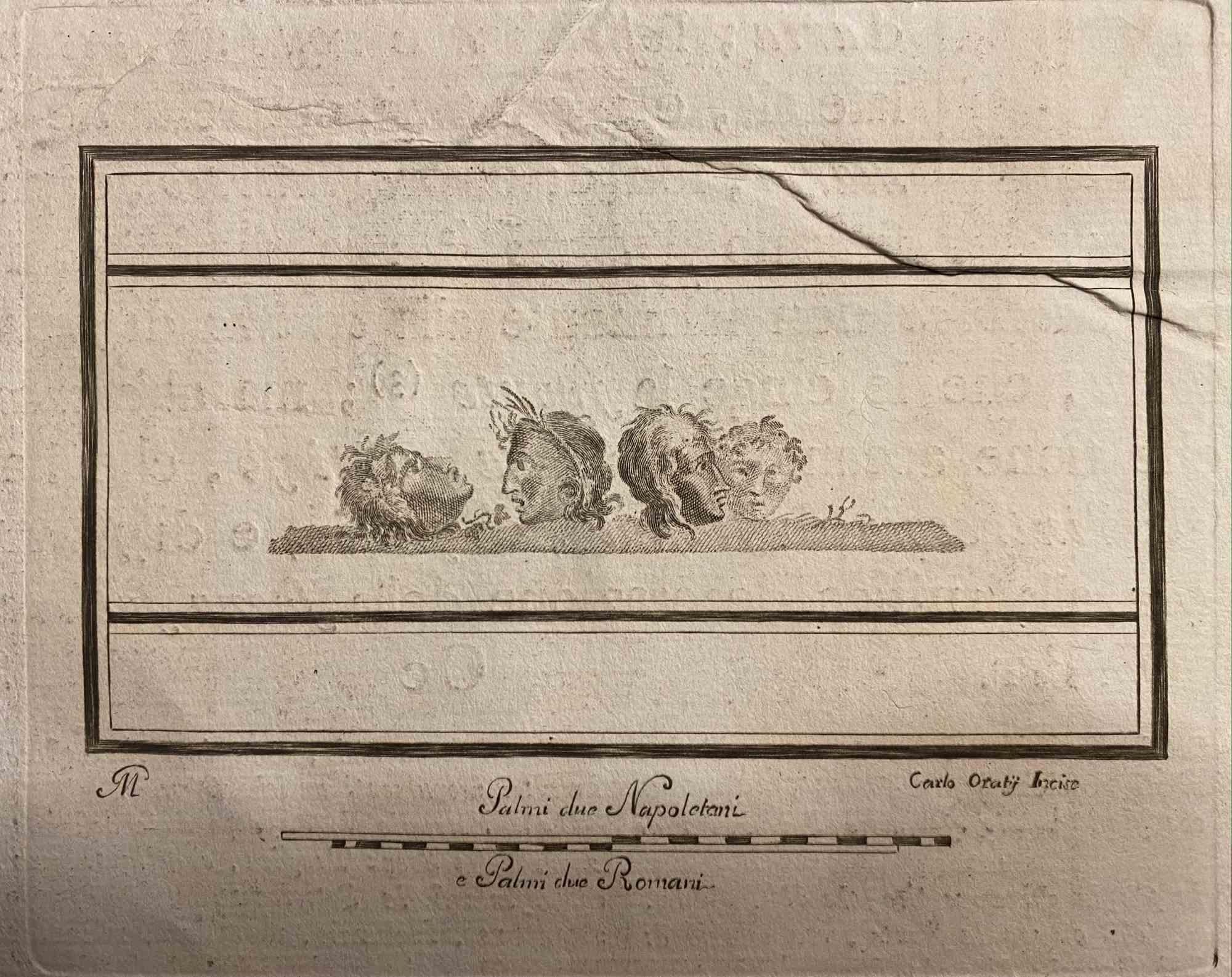 Pompeian Style Tragedy Masks from "Antiquities of Herculaneum" is an etching on paper realized by Carlo Oraty in the 18th Century.

Signed on the plate.

Good conditions with some folding.

The etching belongs to the print suite “Antiquities of