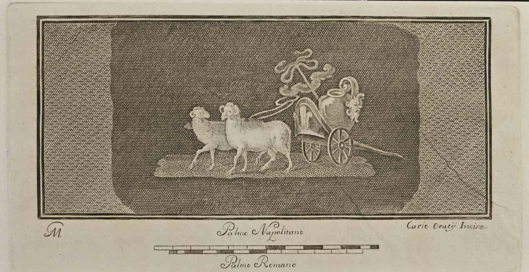 Das Widderwagen-Fresko aus den "Altertümern von Herculaneum" ist eine Radierung auf Papier von Carlo Oraty aus dem 18. Jahrhundert.

Signiert auf der Platte.

Guter Zustand mit einigen Faltungen.

Die Radierung gehört zu der Druckserie "Antiquities