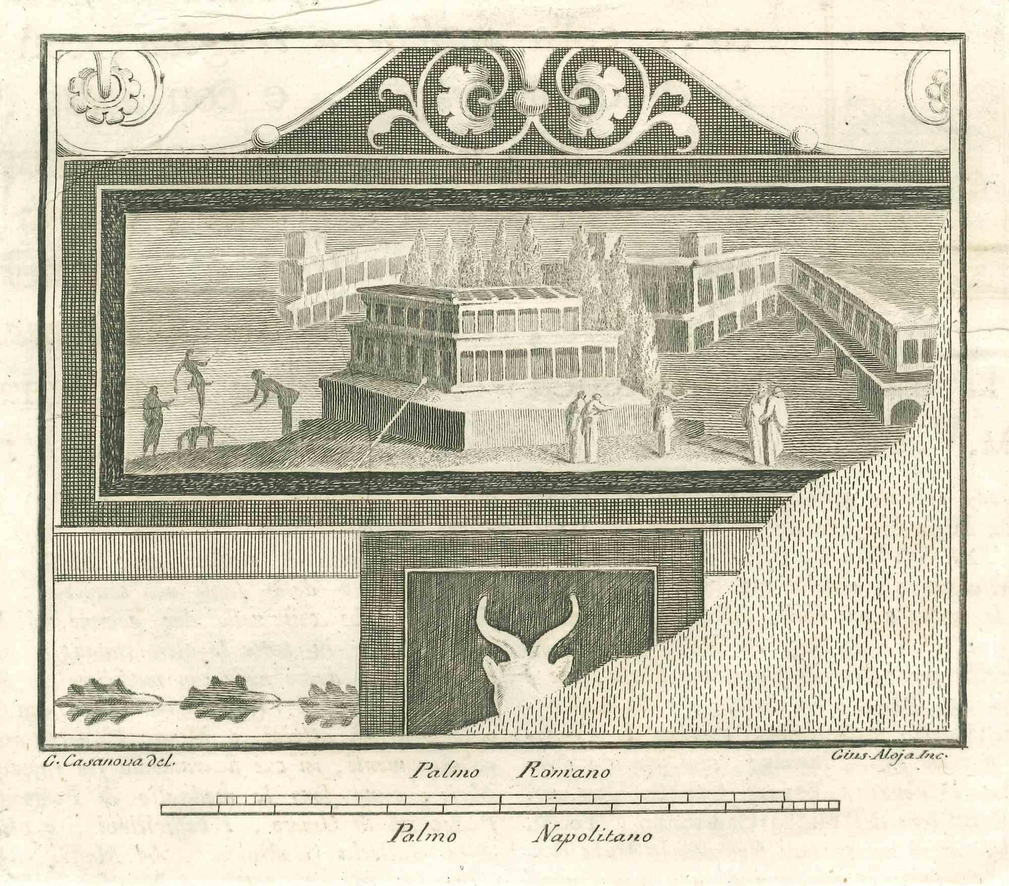 Roman Fresco from "Antiquities of Herculaneum" is an etching on paper realized by Giuseppe Aloja in the 18th Century.

Signed on the plate.

Good conditions.

The etching belongs to the print suite “Antiquities of Herculaneum Exposed” (original