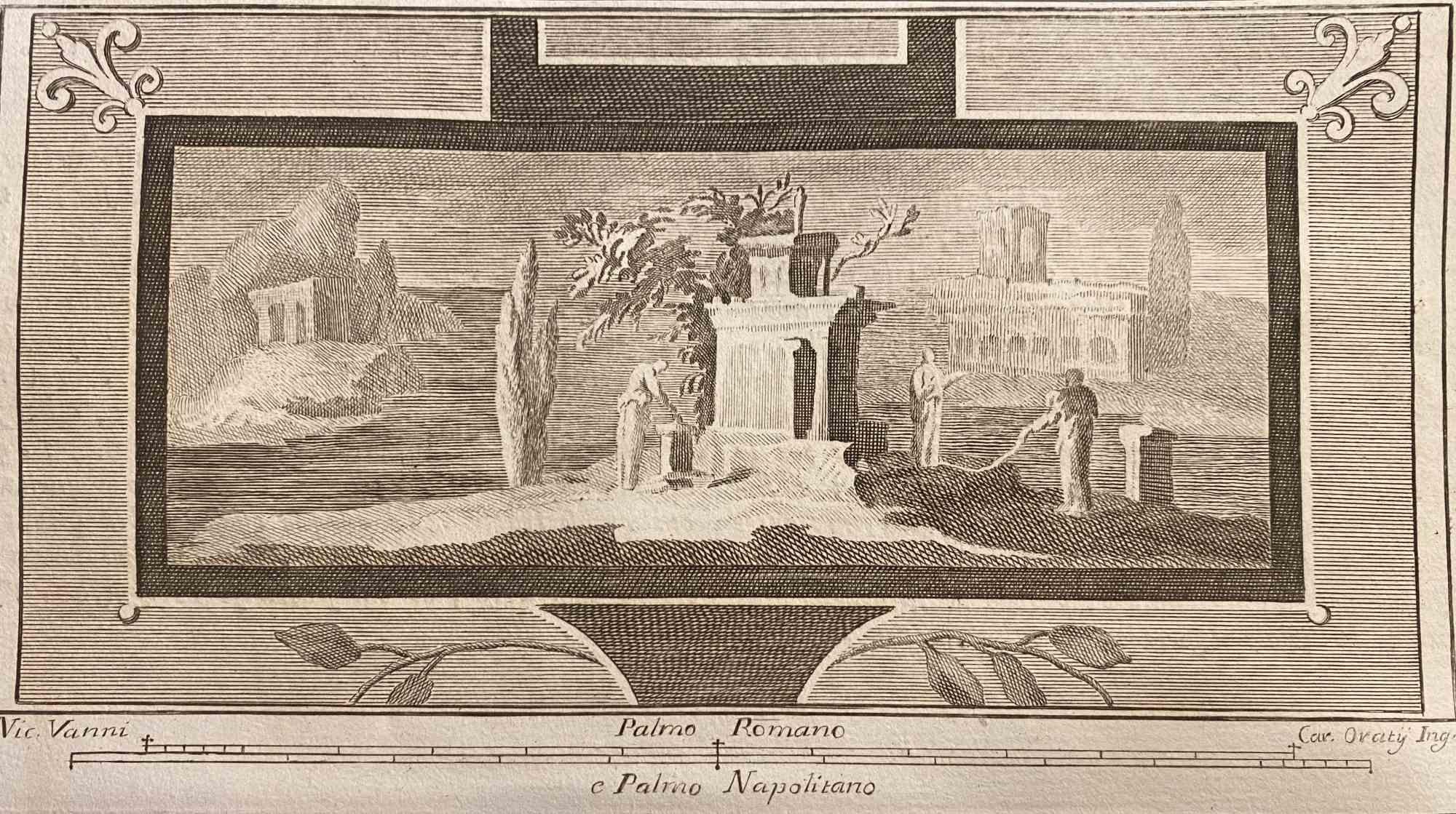 Roman Temple Fresco from "Antiquities of Herculaneum" is an etching on paper realized by Carlo Oraty in the 18th Century.

Signed on the plate.

Good conditions.

The etching belongs to the print suite “Antiquities of Herculaneum Exposed” (original
