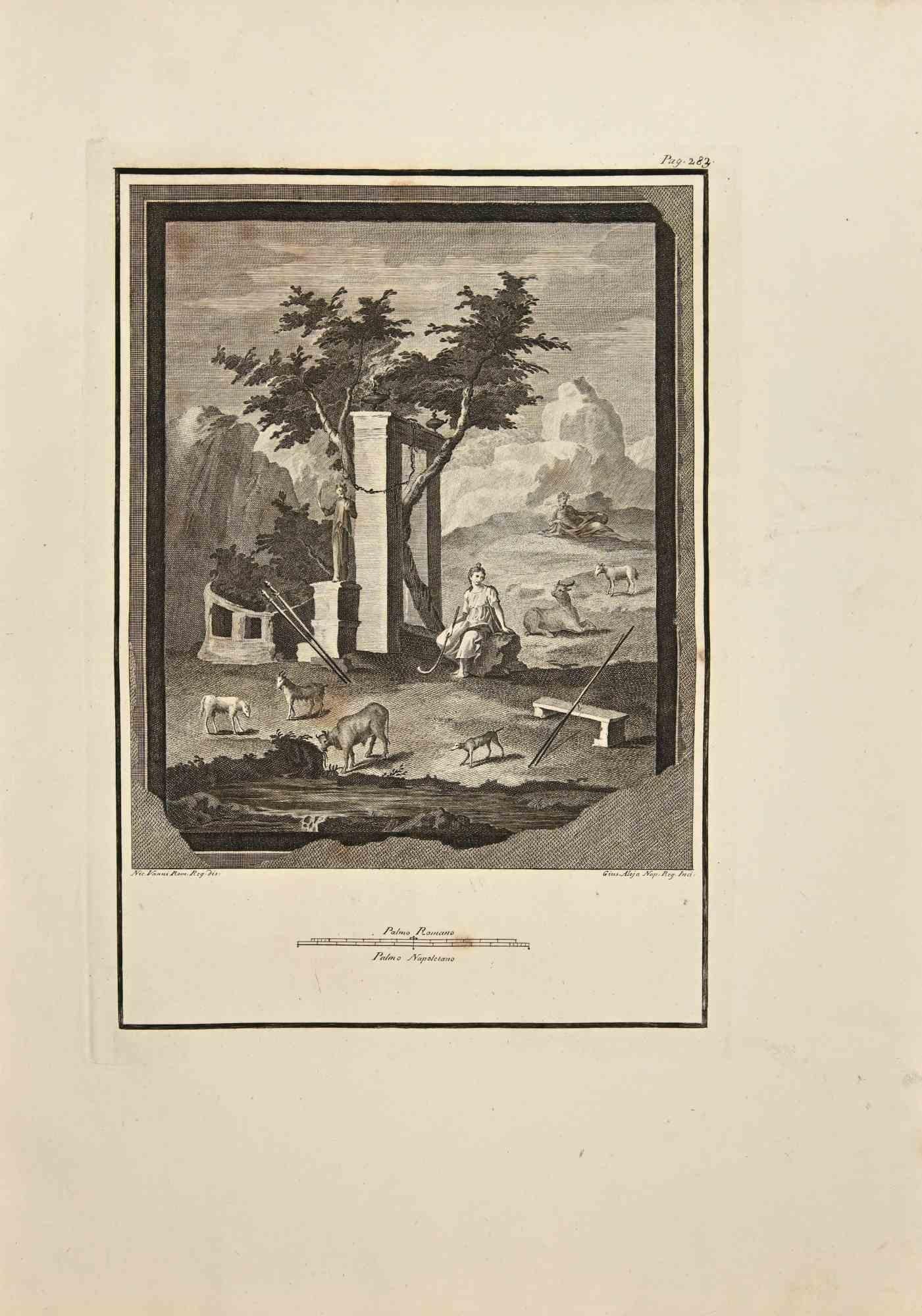 Carlo Oraty Still-Life Print – Romanischer Tempel mit Shepard – Radierung von Giussepe Aloja – 18. Jahrhundert