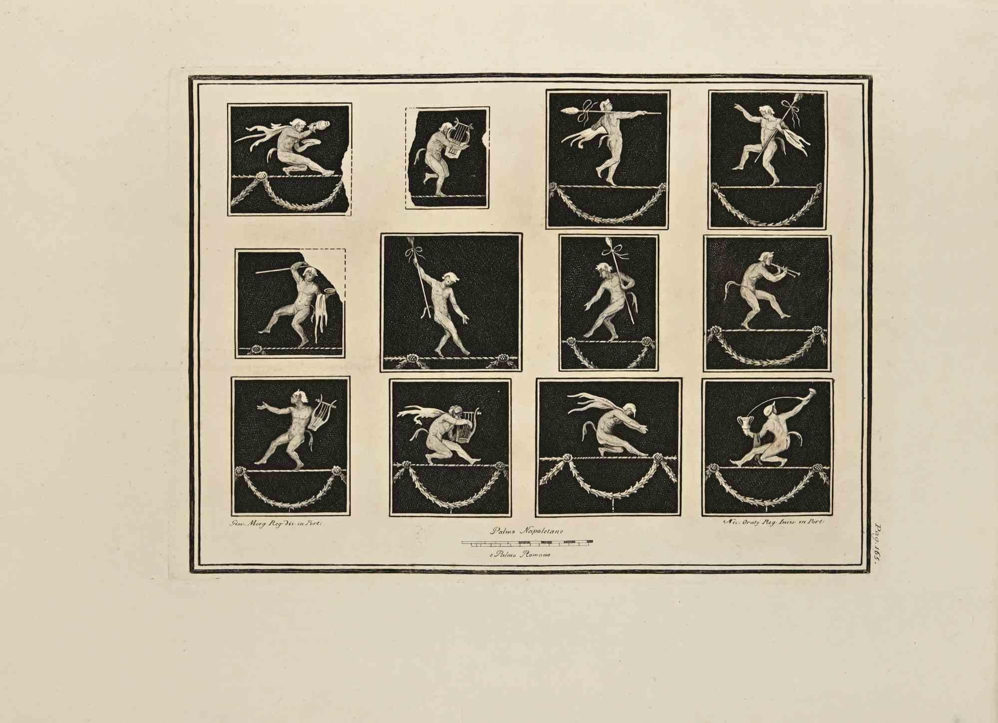 Die Ikonographie des Pan, Fresko aus den "Altertümern von Herculaneum" ist eine Radierung auf Papier von Carlo Oraty aus dem 18. Jahrhundert.

Signiert auf der Platte.

Guter Zustand mit einigen Faltungen und stockfleckig.

Die Radierung gehört zu