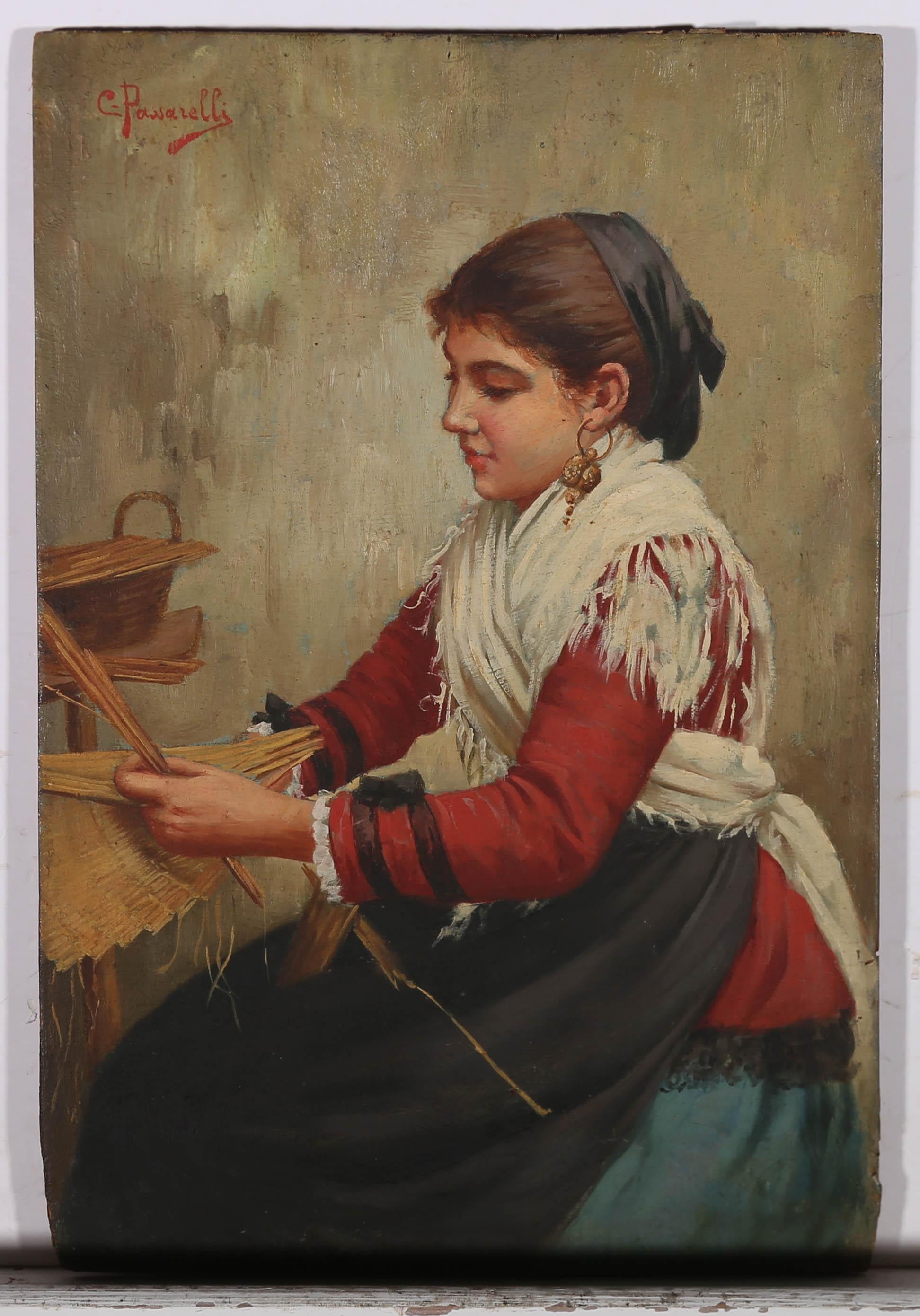 Carlo Passarelli (1860-1916) - Olio firmato del primo Novecento, Una donna che tesse 1