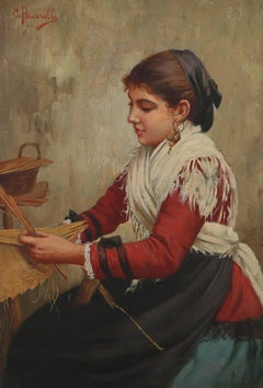 Carlo Passarelli (1860-1916) - Olio firmato del primo Novecento, Una donna che tesse