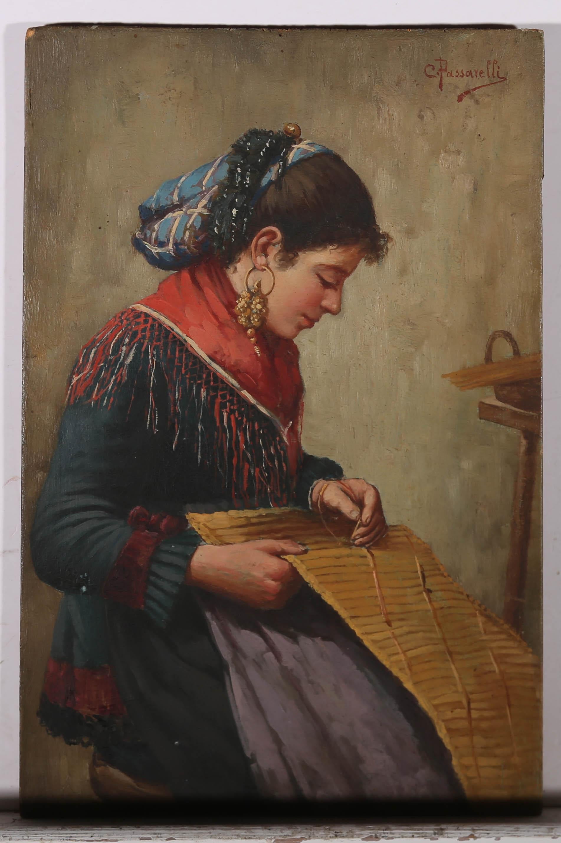 Carlo Passarelli (1860-1916) - Signé Early 20th Century Oil, A Woman Weaving II 1