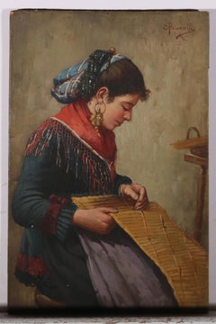 Carlo Passarelli (1860-1916) - Signed Early 20th Century Oil, A Woman Weaving II