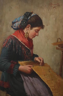 Carlo Passarelli (1860-1916) - Signé Early 20th Century Oil, A Woman Weaving II