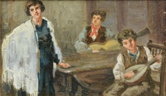 INSIDE SCENE - Carlo Passarelli Attrib.figurative oil on carboard painting